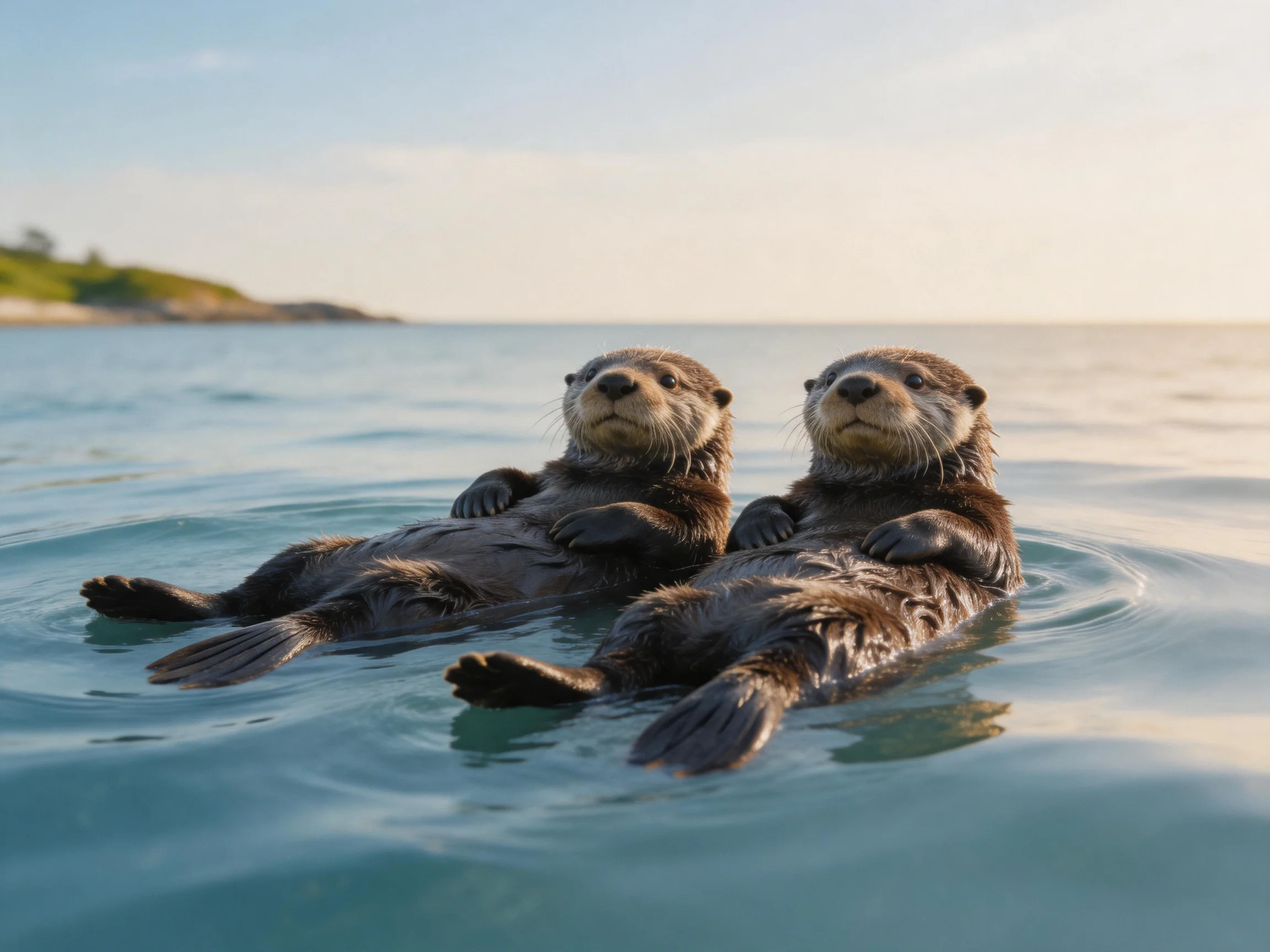 Two dark-furred otters float serenely in calm blue water