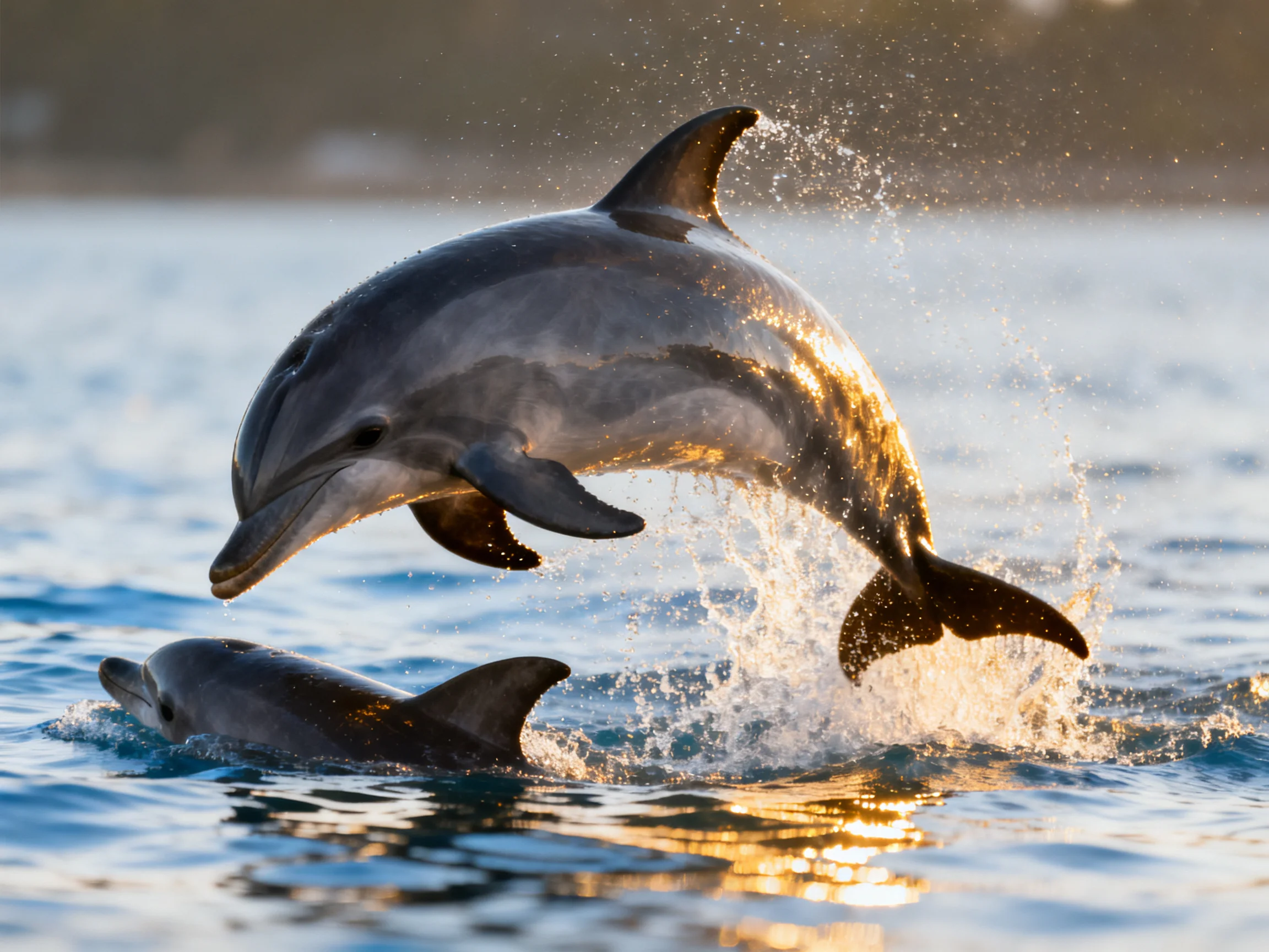 Two dolphins leap from glistening ocean waters at golden hour