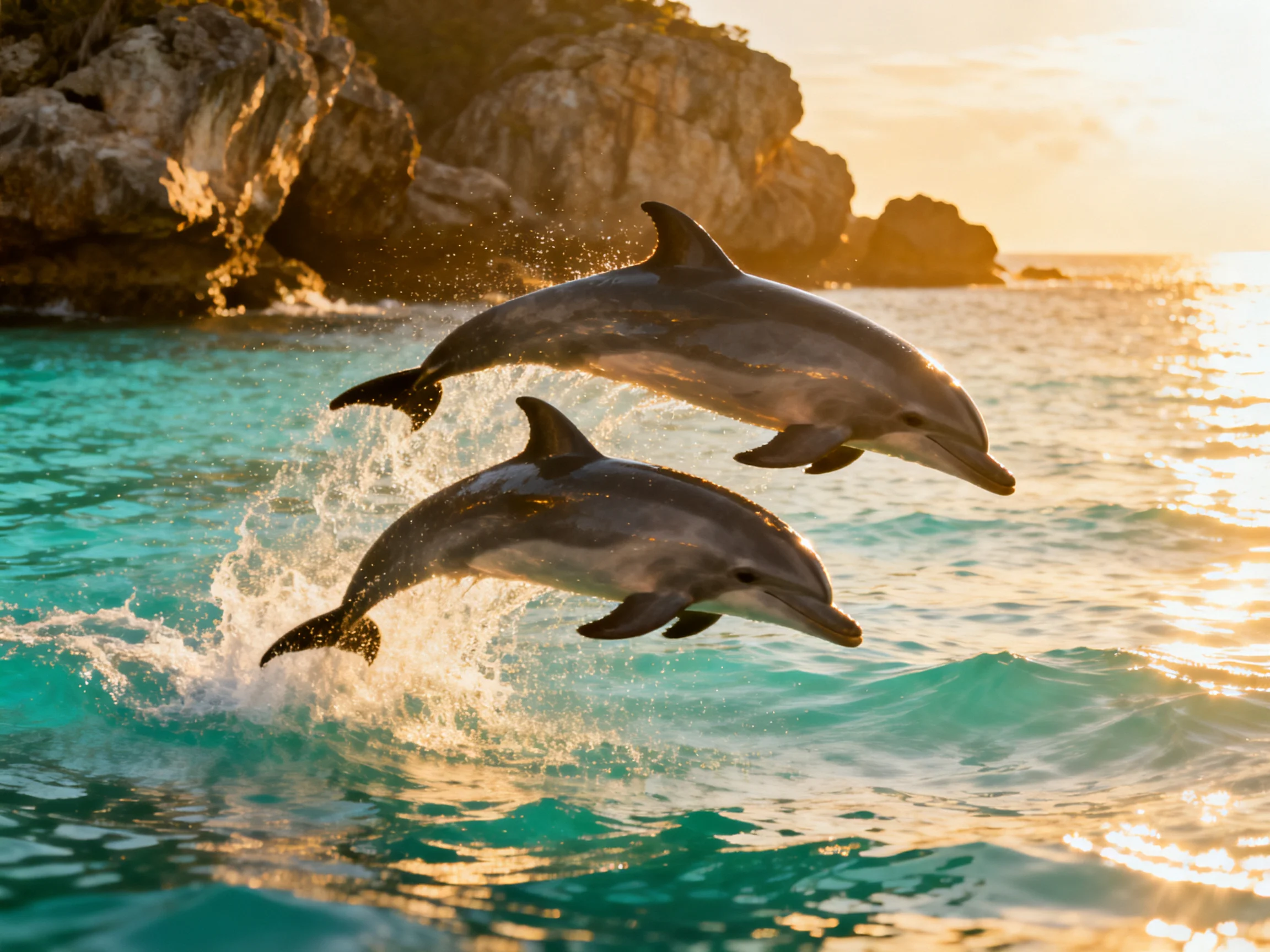 Two dolphins leap from turquoise waters near rocky cliffs under golden sunset