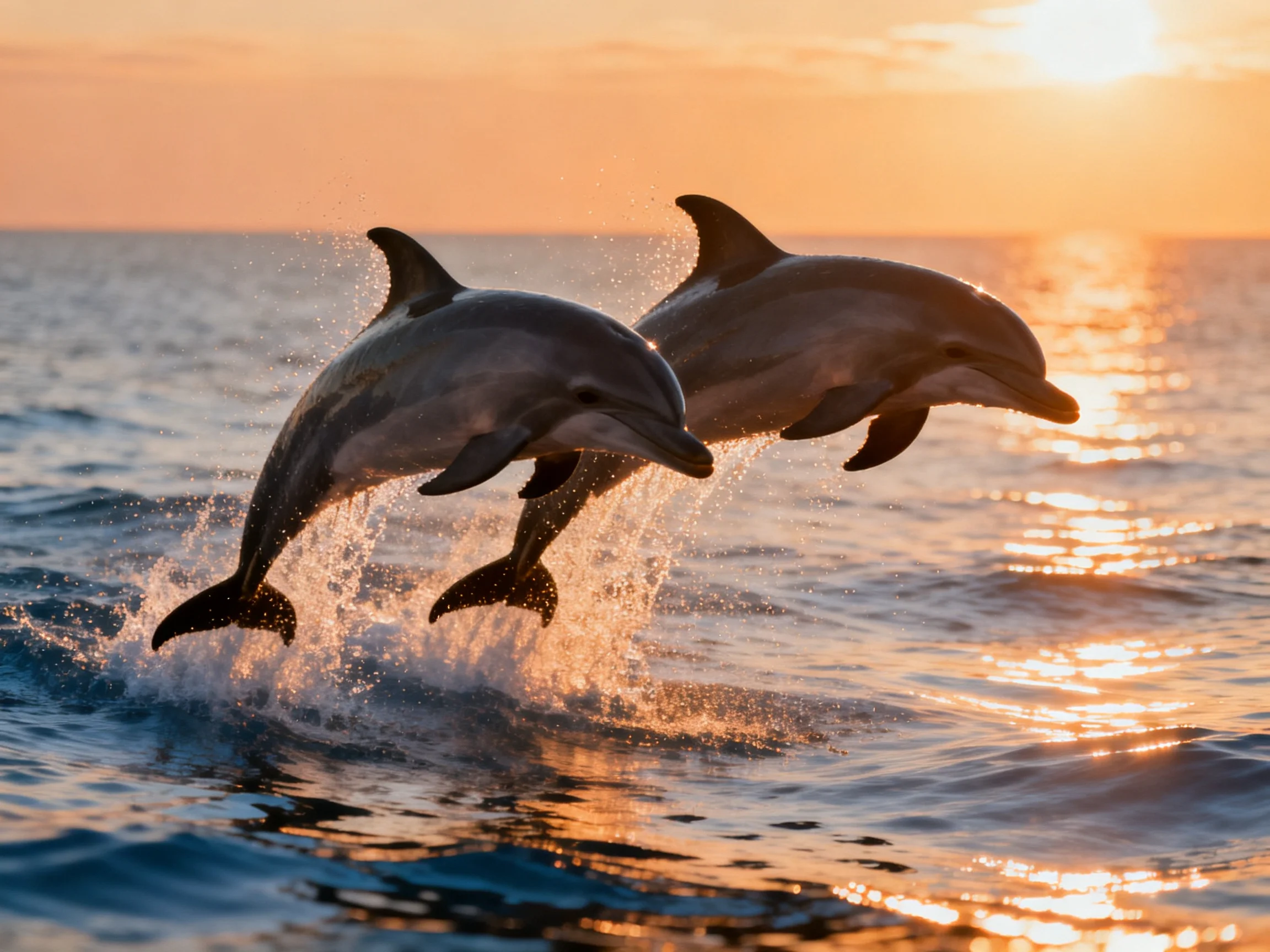 Two dolphins leap over ocean waves during golden sunset
