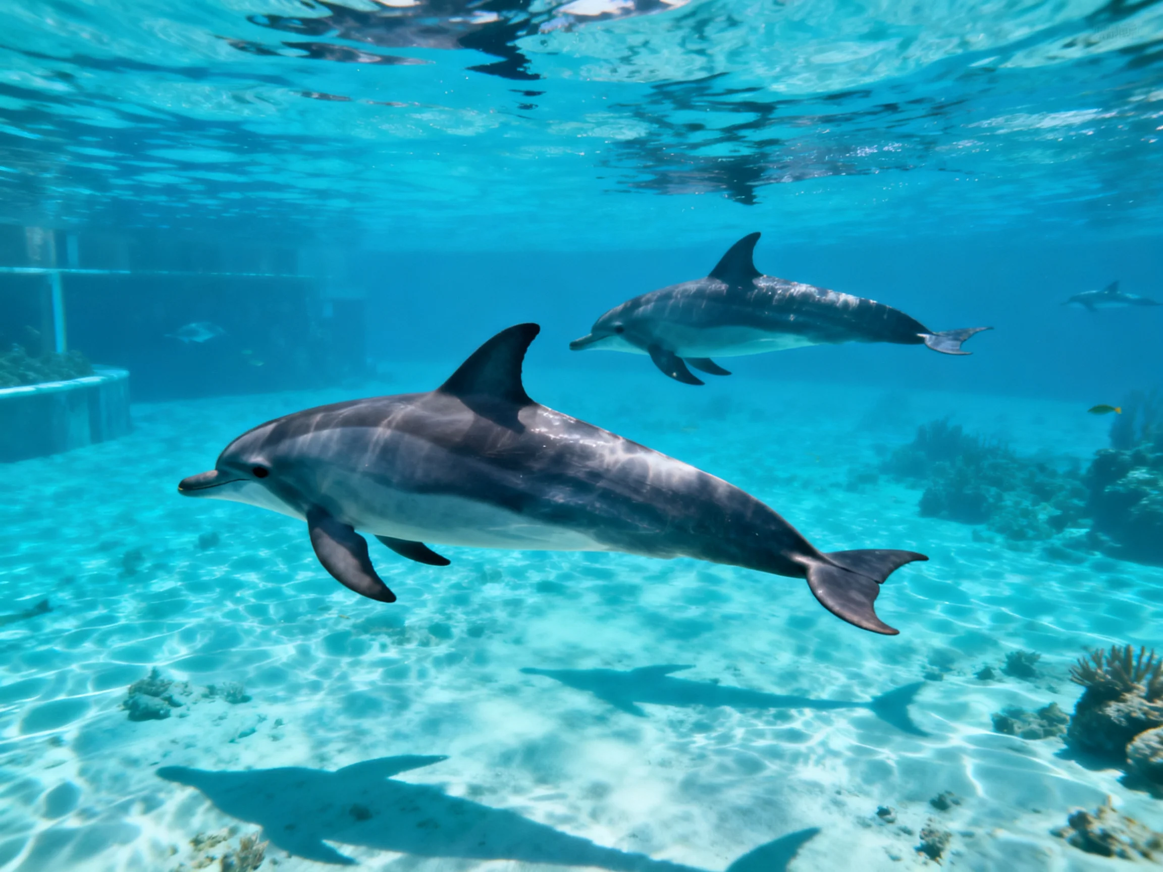 Two dolphins swim among coral reefs in bright blue underwater setting