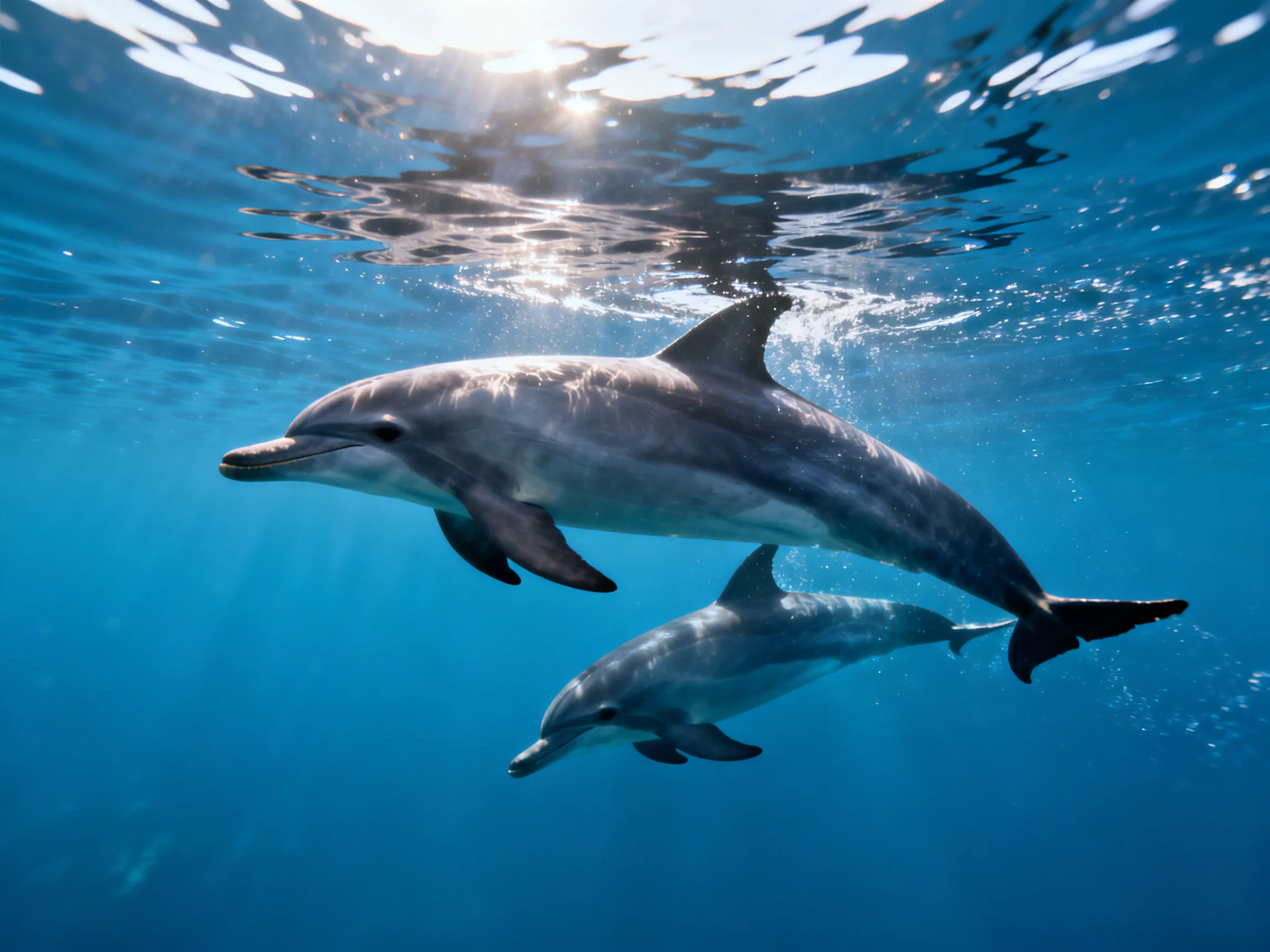 Two dolphins swim gracefully in clear blue ocean water