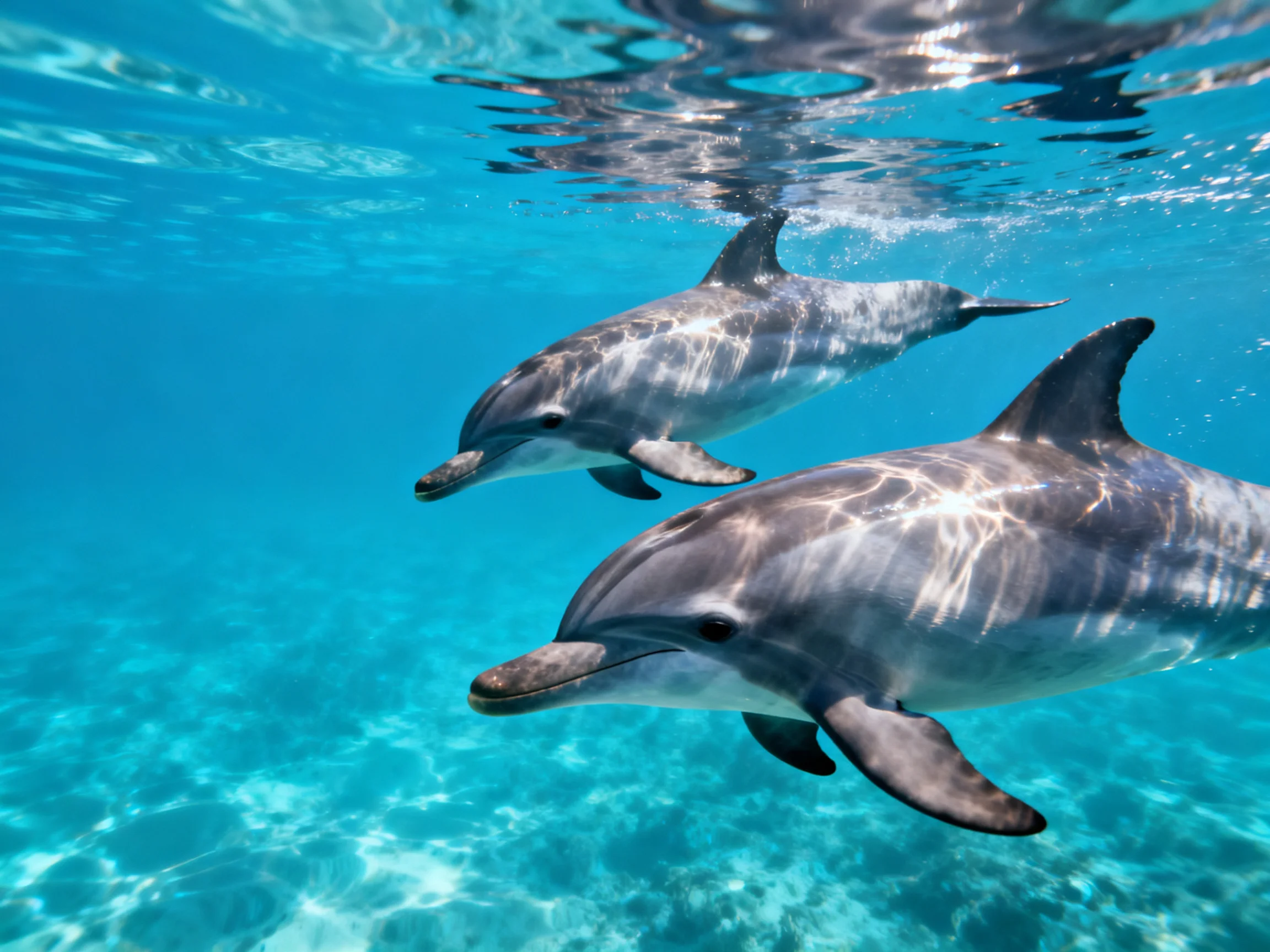 Two dolphins swim gracefully in clear turquoise ocean waters