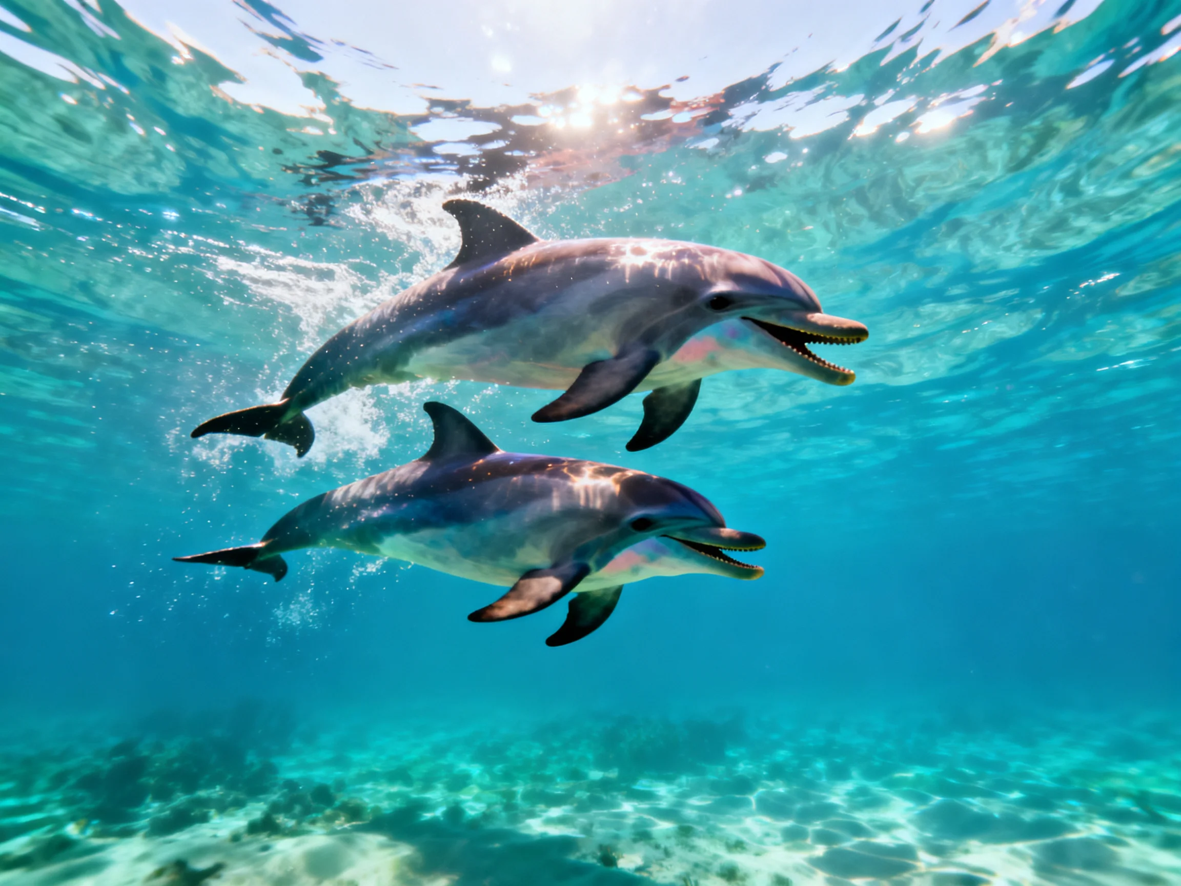 Two dolphins swim gracefully in clear turquoise ocean waters