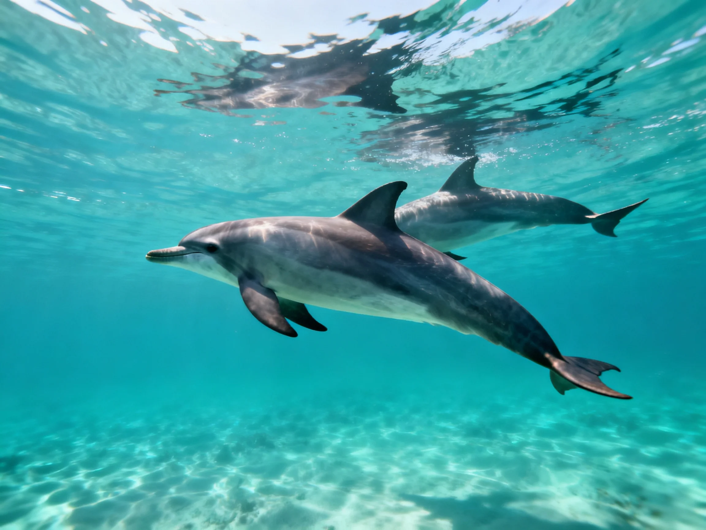 Two dolphins swim in clear turquoise water near the surface