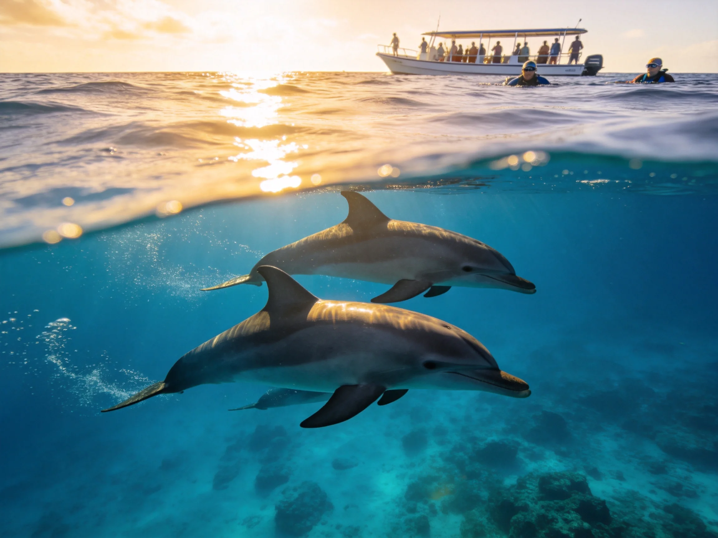 Two dolphins swim near a tour boat with tourists in turquoise waters at sunset