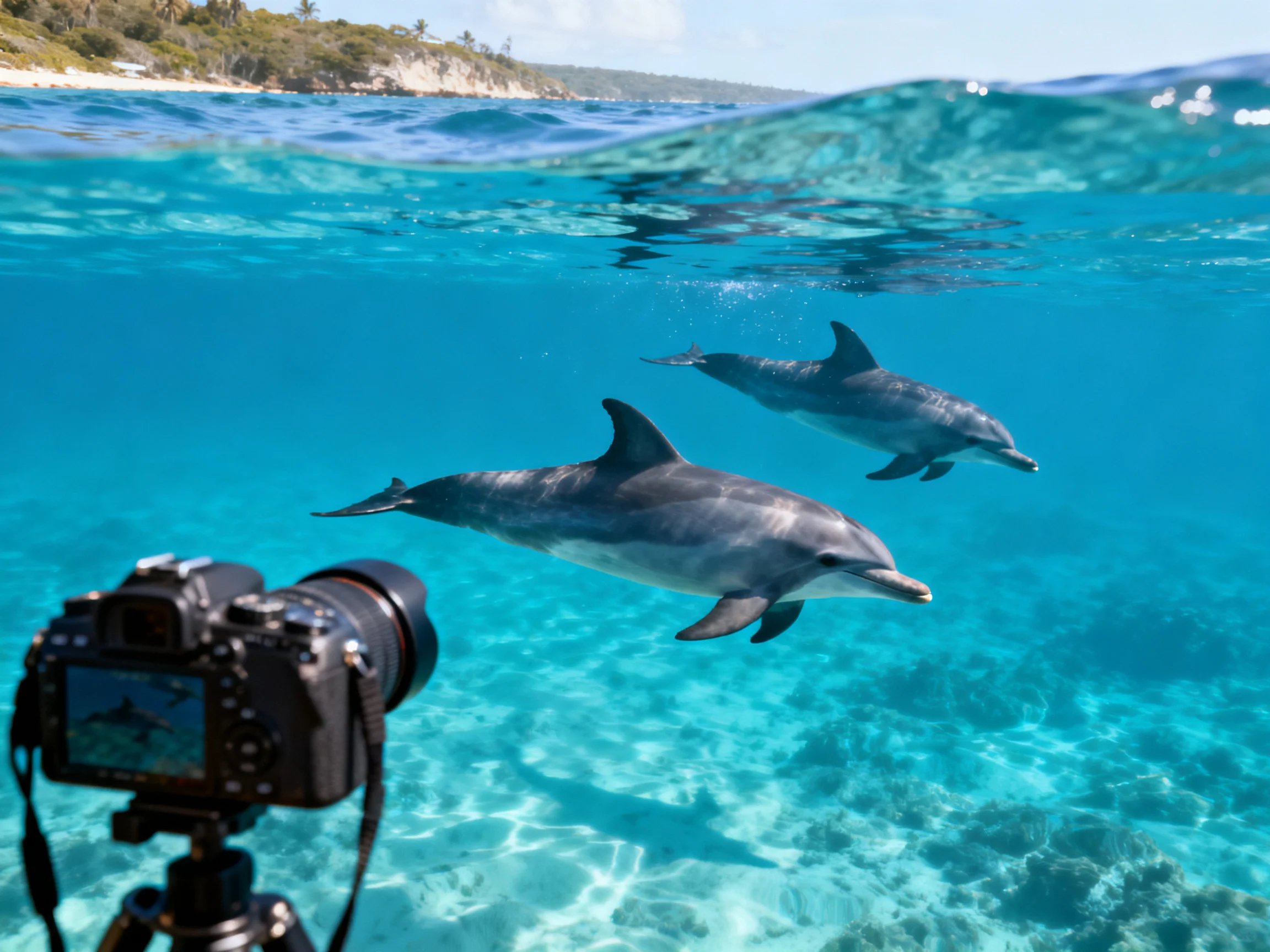 Two dolphins swim near an underwater camera in crystal-clear turquoise water