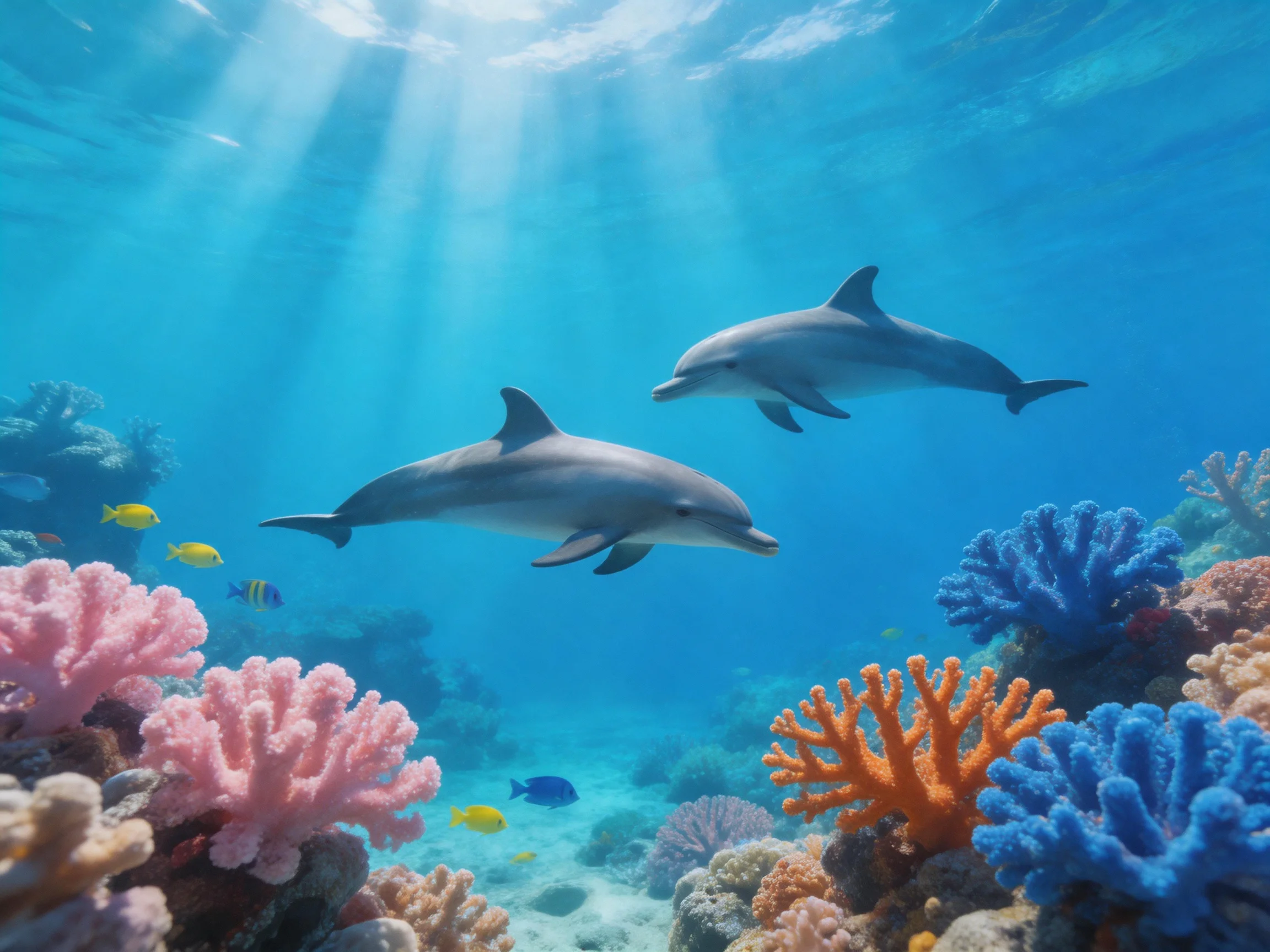 Two dolphins swim near vibrant coral reefs in clear blue water