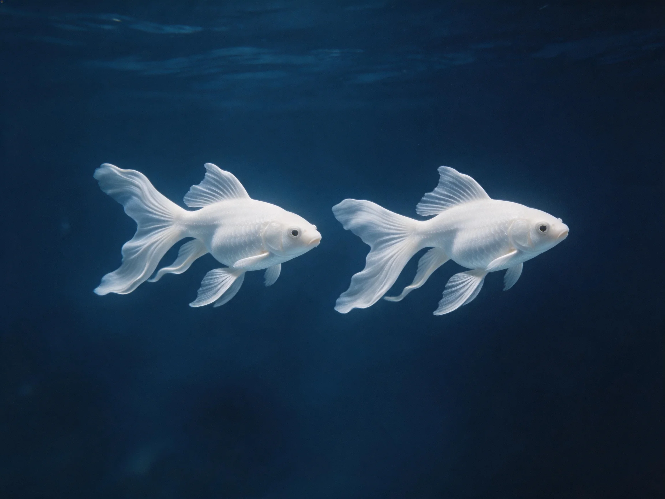 Two elegant white goldfish swim in deep blue water