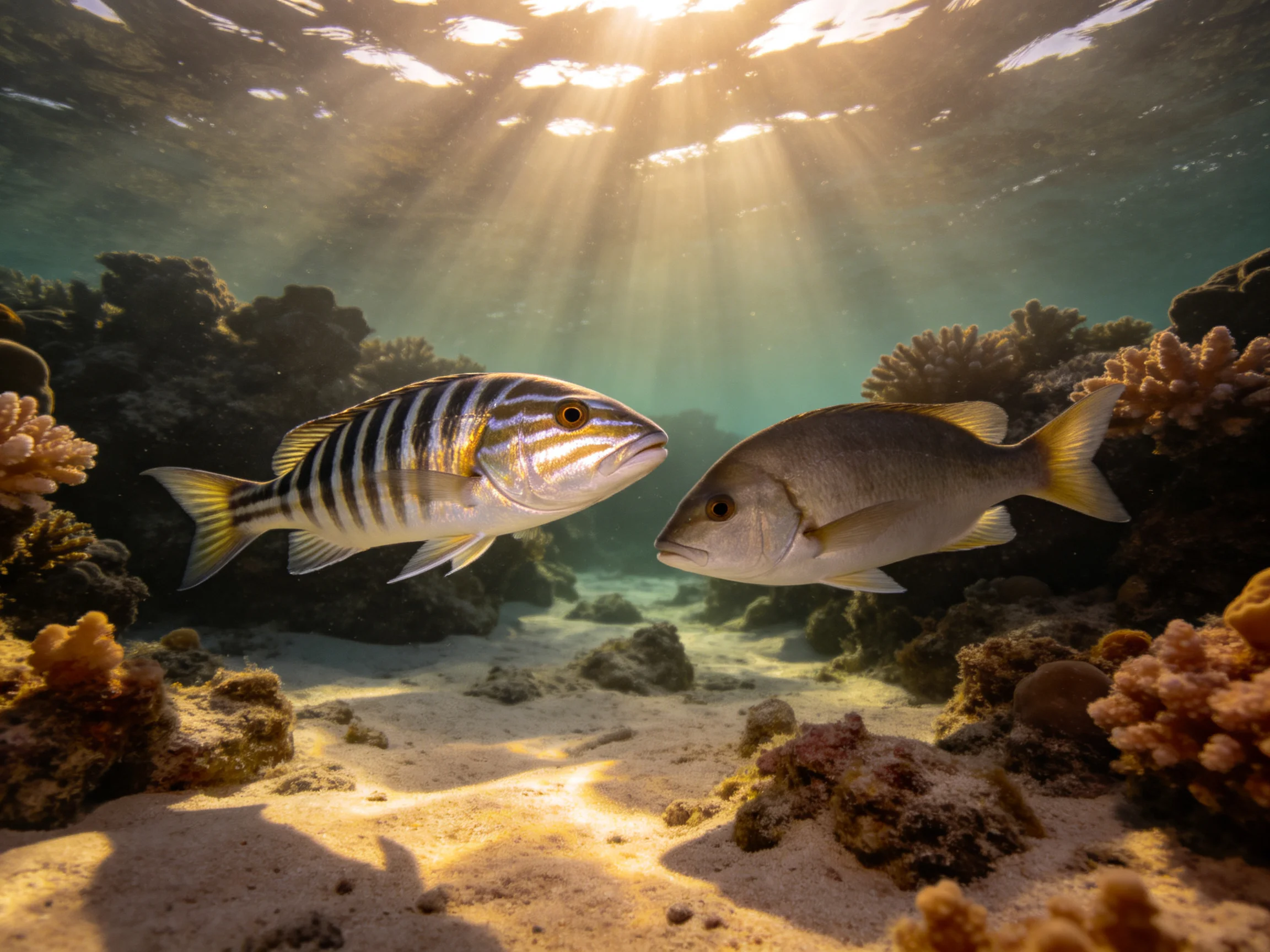 Two fish, one striped, one silver, near coral reefs under sun rays