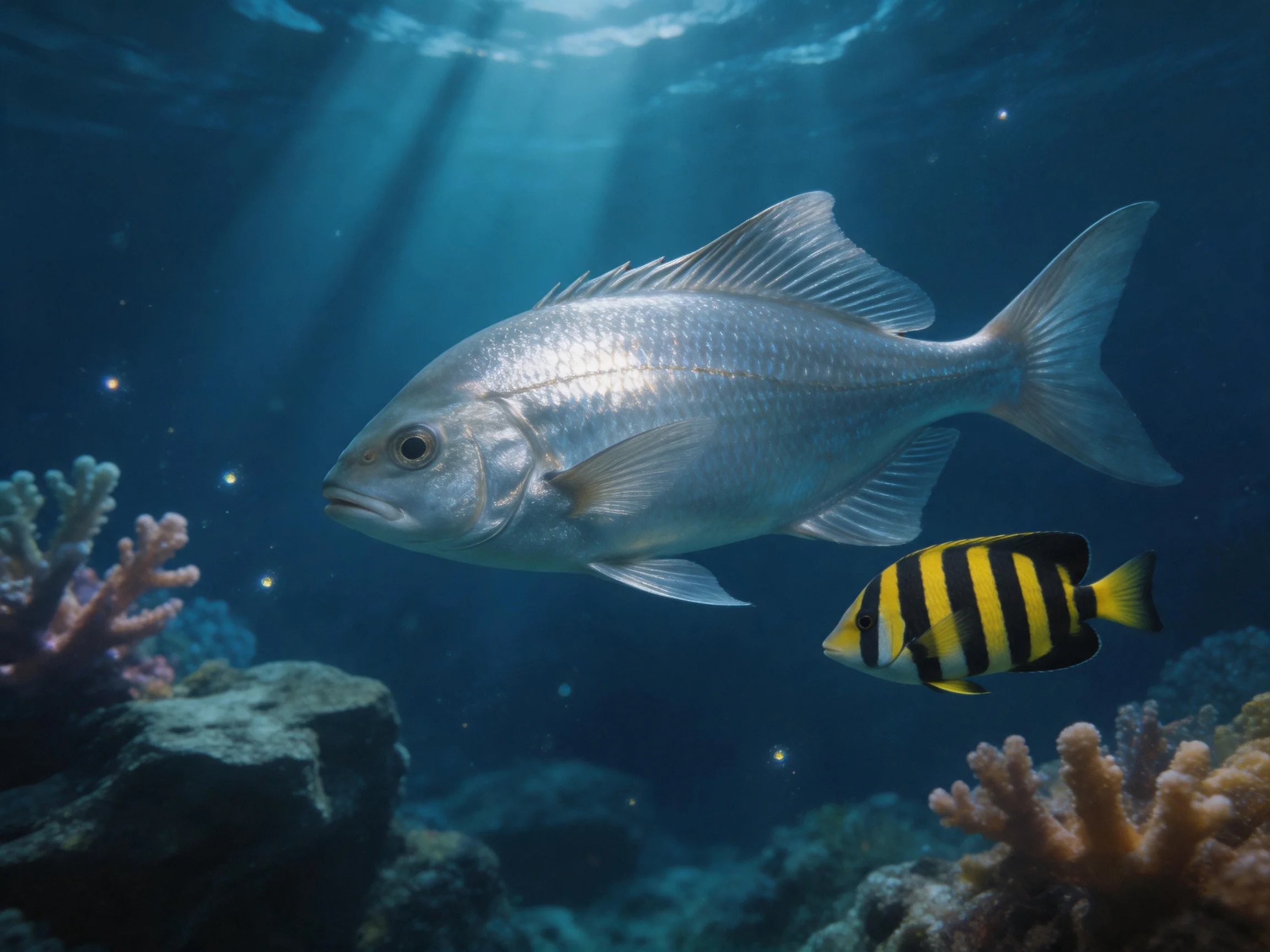 Two fish swim among coral reefs under sunbeams in deep blue water