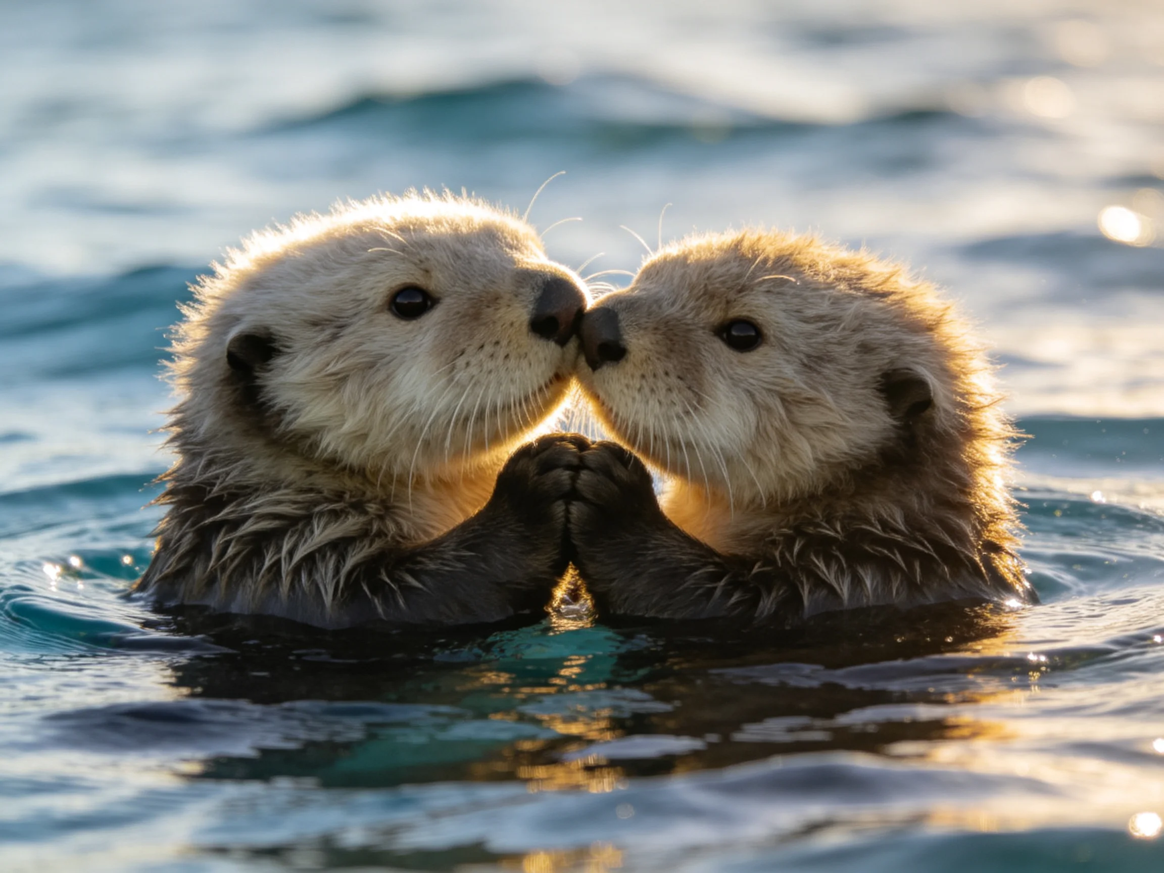 Two fluffy sea otters nuzzling together in shimmering blue water