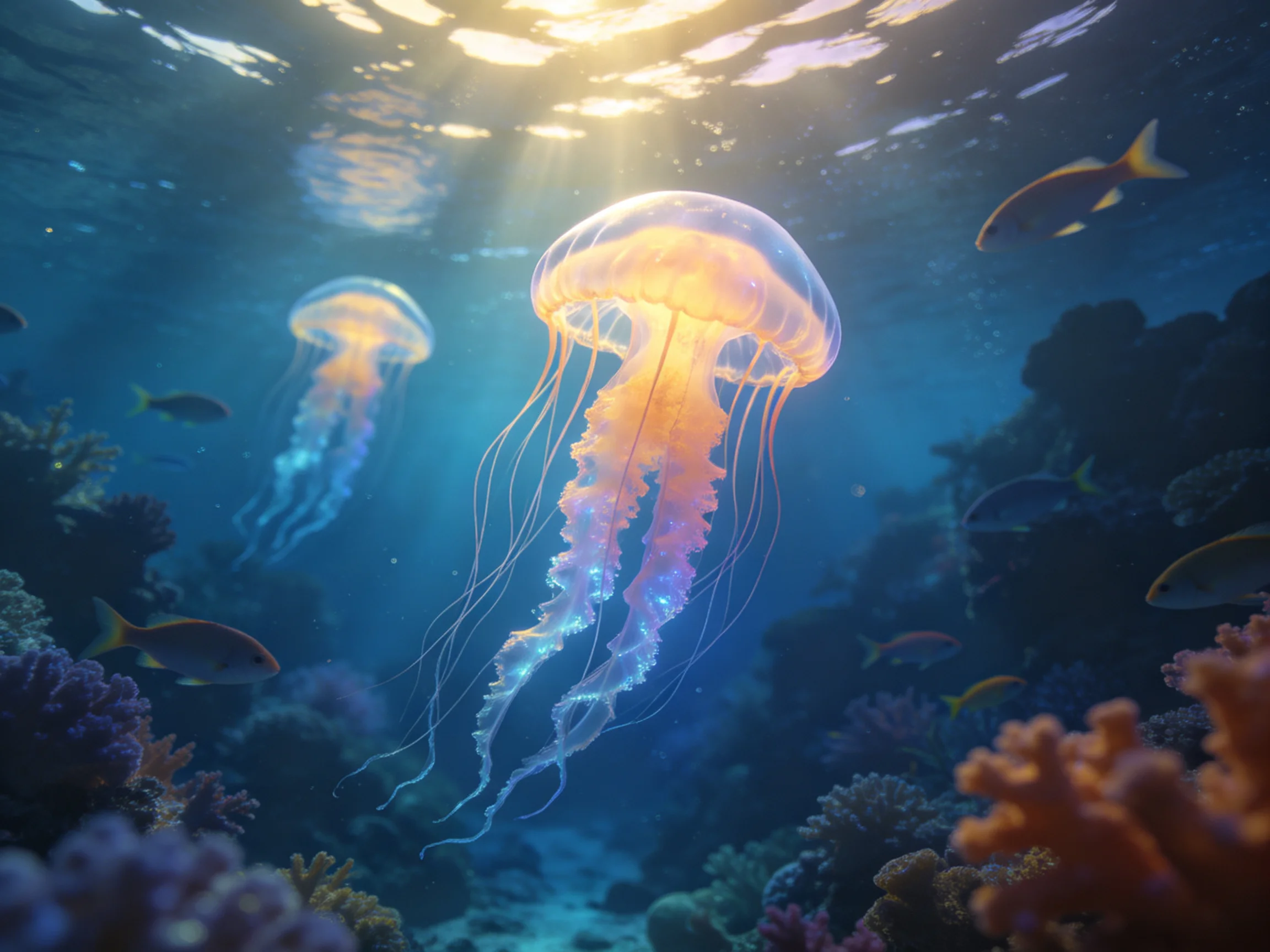 Two glowing jellyfish swim among colorful fish and corals in an underwater scene