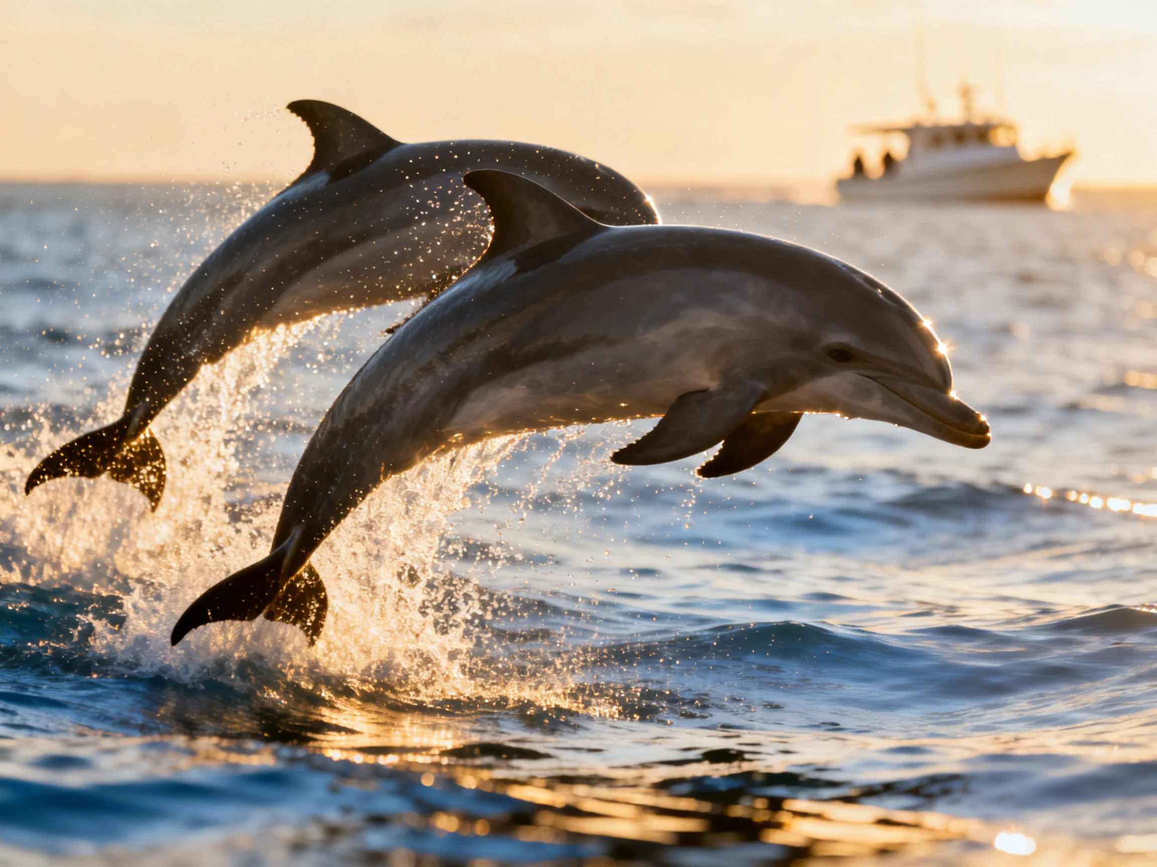 Two gray dolphins leap from ocean waves near a white boat