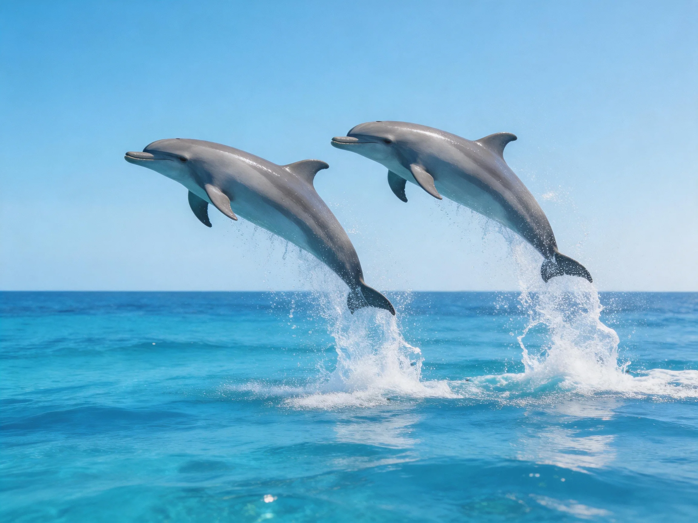 Two gray dolphins leap from turquoise ocean waters under clear blue sky