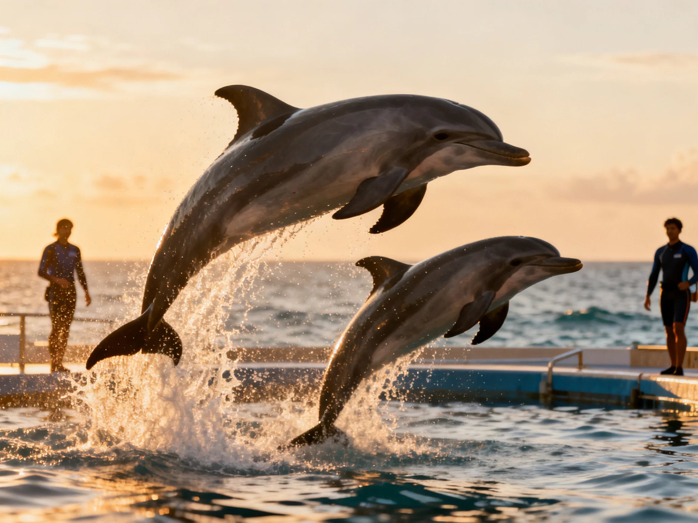 Two gray dolphins leap from water at sunset with trainers nearby