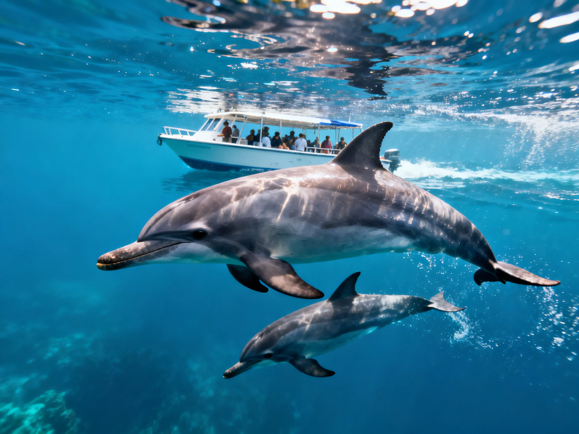 Two gray dolphins swim near a white tour boat in clear blue water