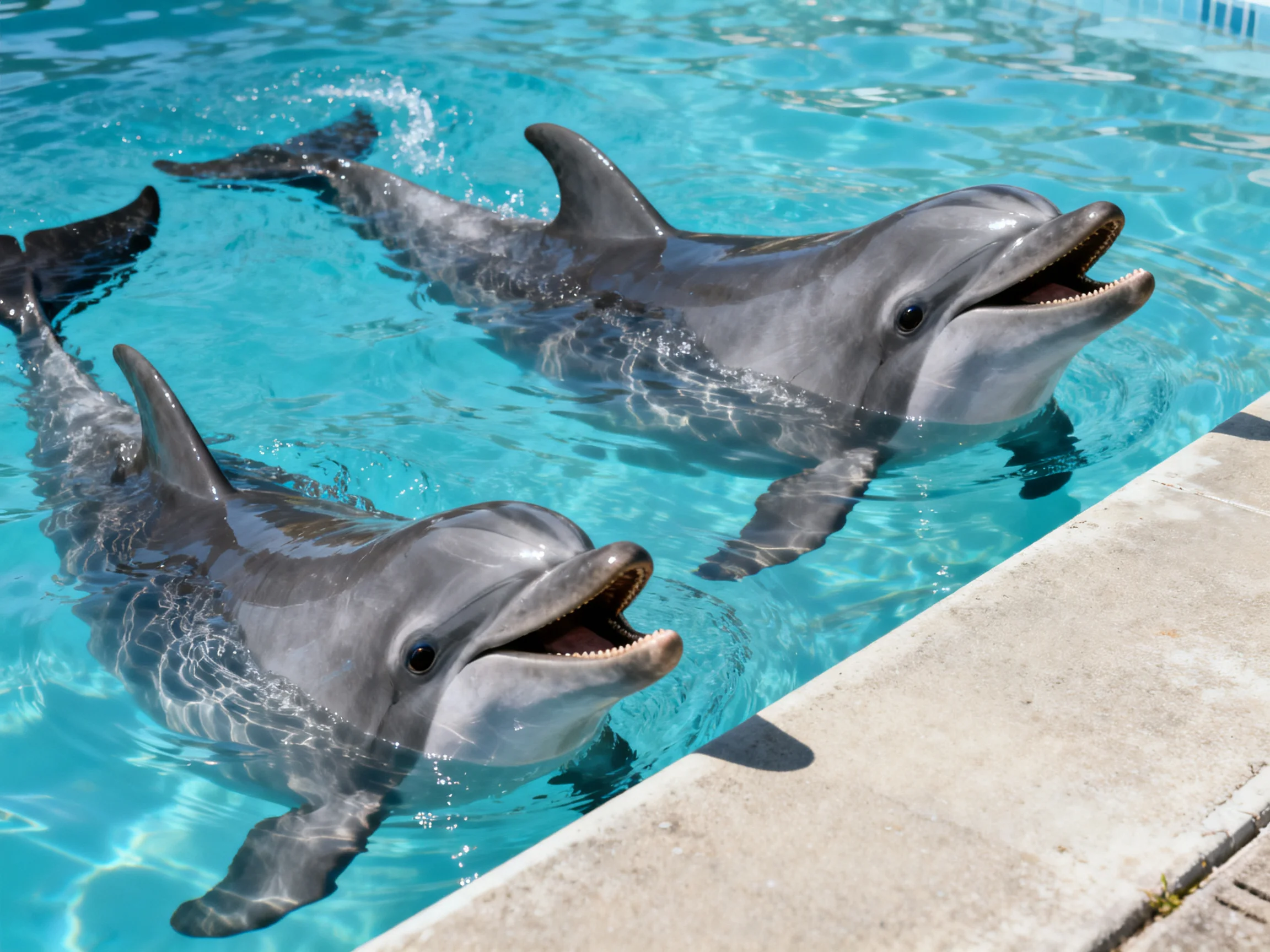 Two gray dolphins swimming in clear turquoise pool water