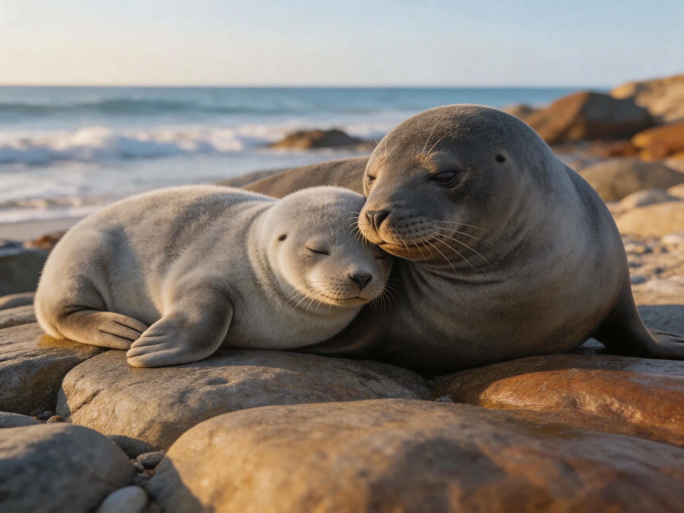Two gray sea lions rest together on rocky shore near ocean waves