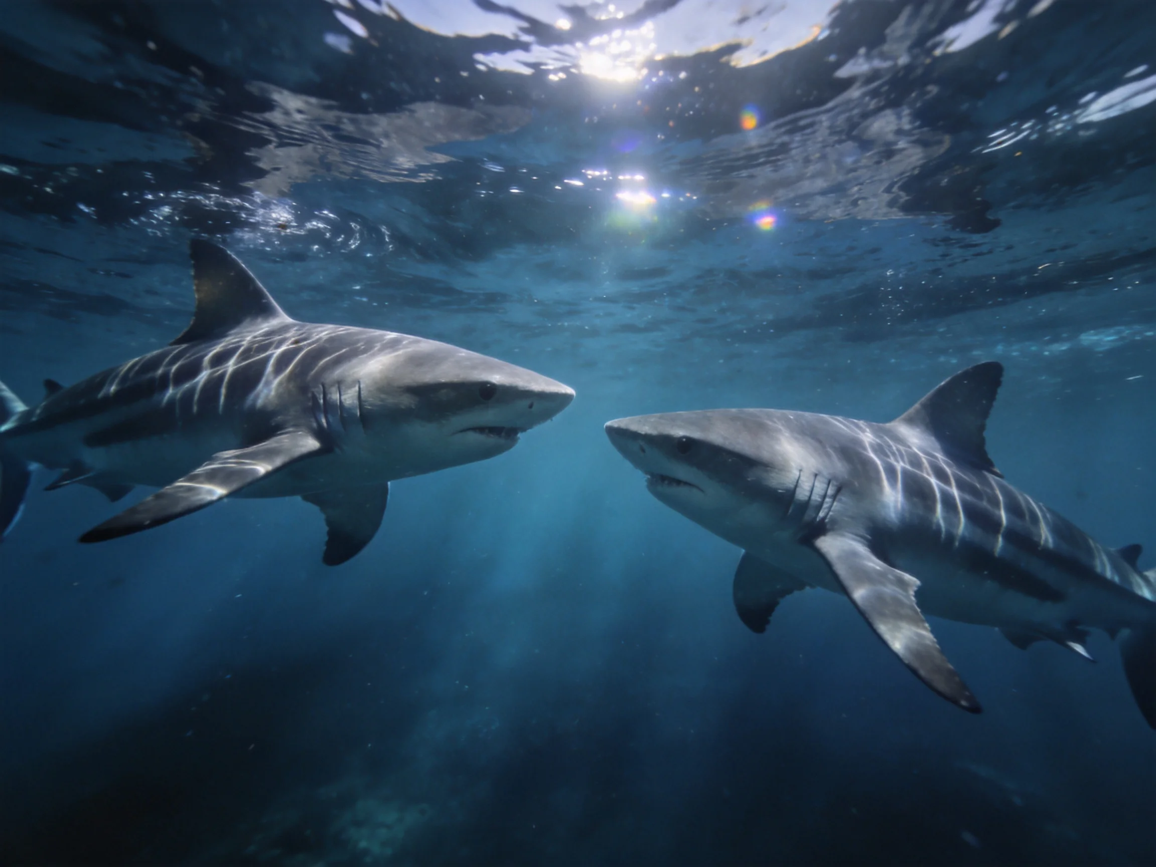 Two grey sharks swim closely together in deep blue ocean waters