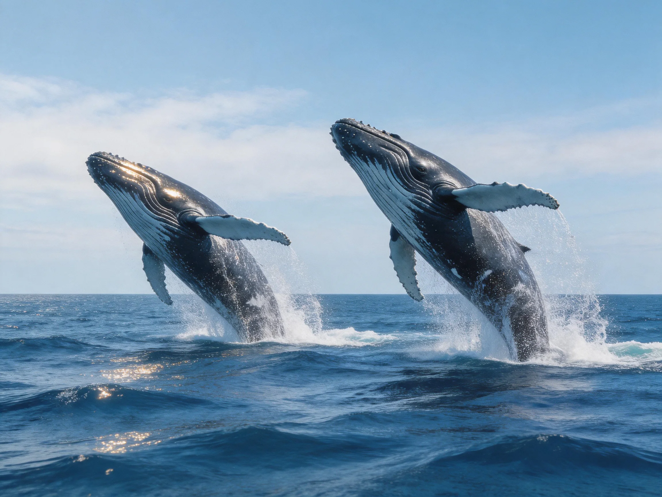 Two humpback whales breach the deep blue ocean surface