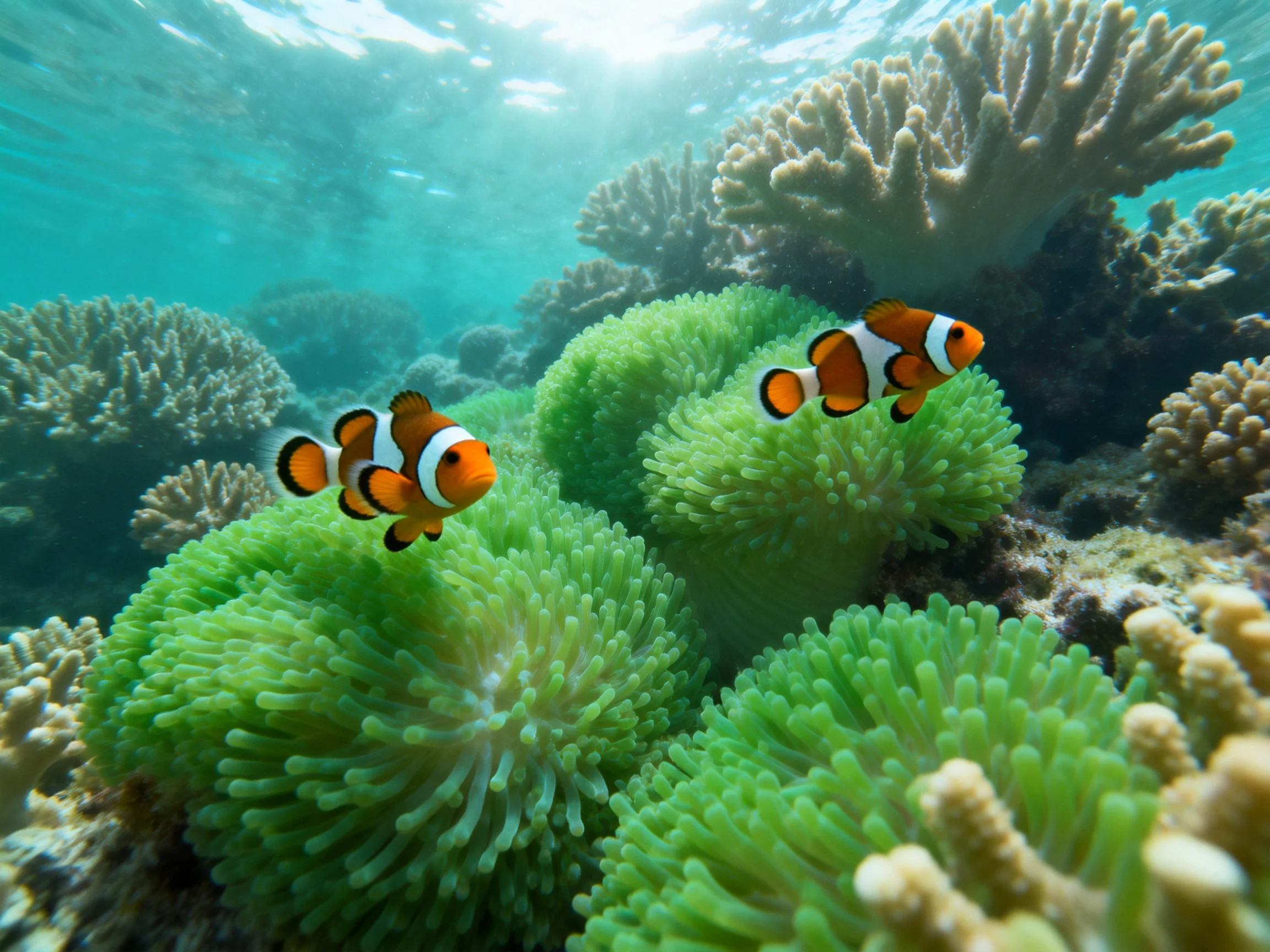 Two orange clownfish swim among vibrant green anemones and corals