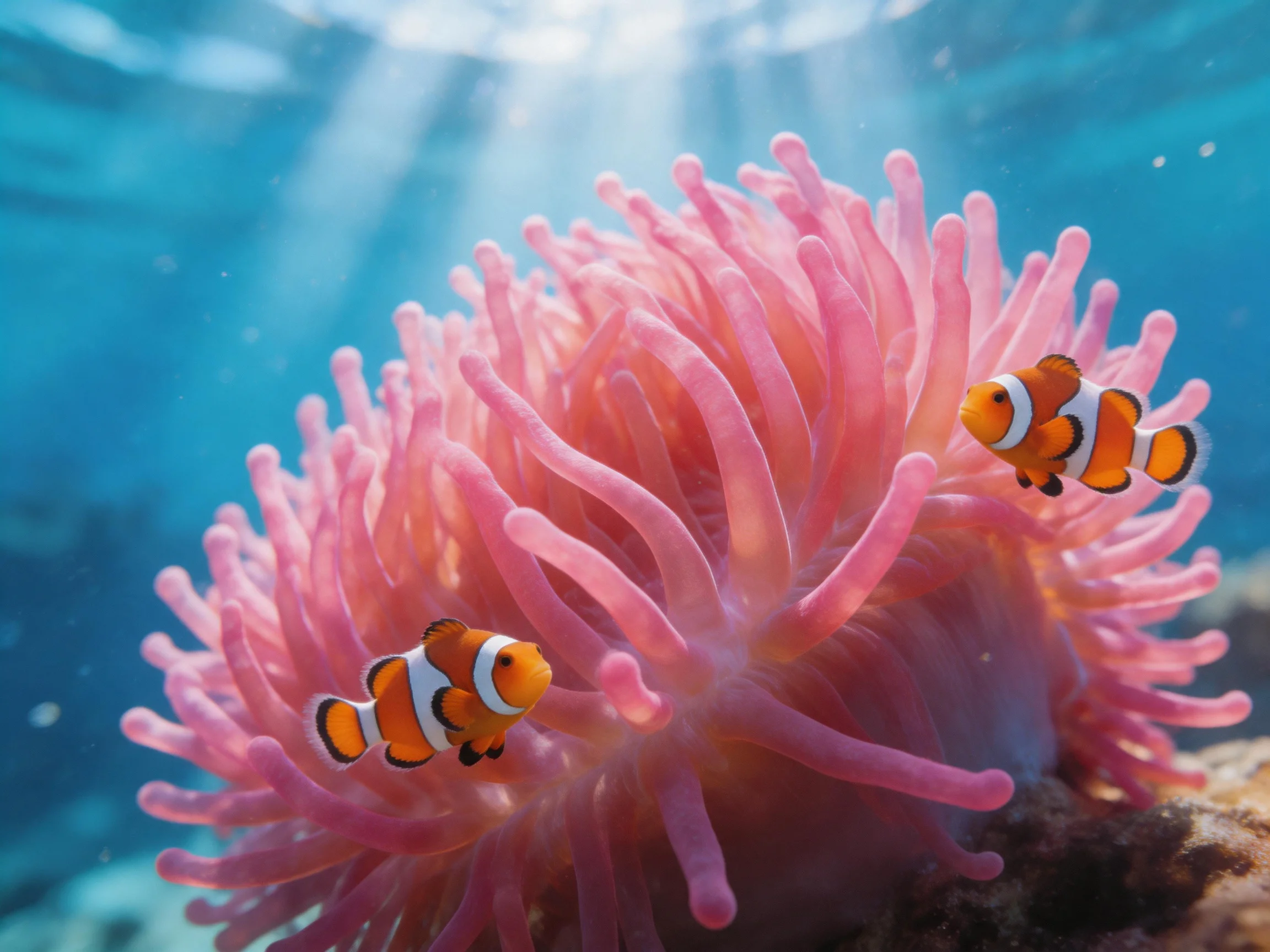 Two orange clownfish swim near a large pink sea anemone underwater