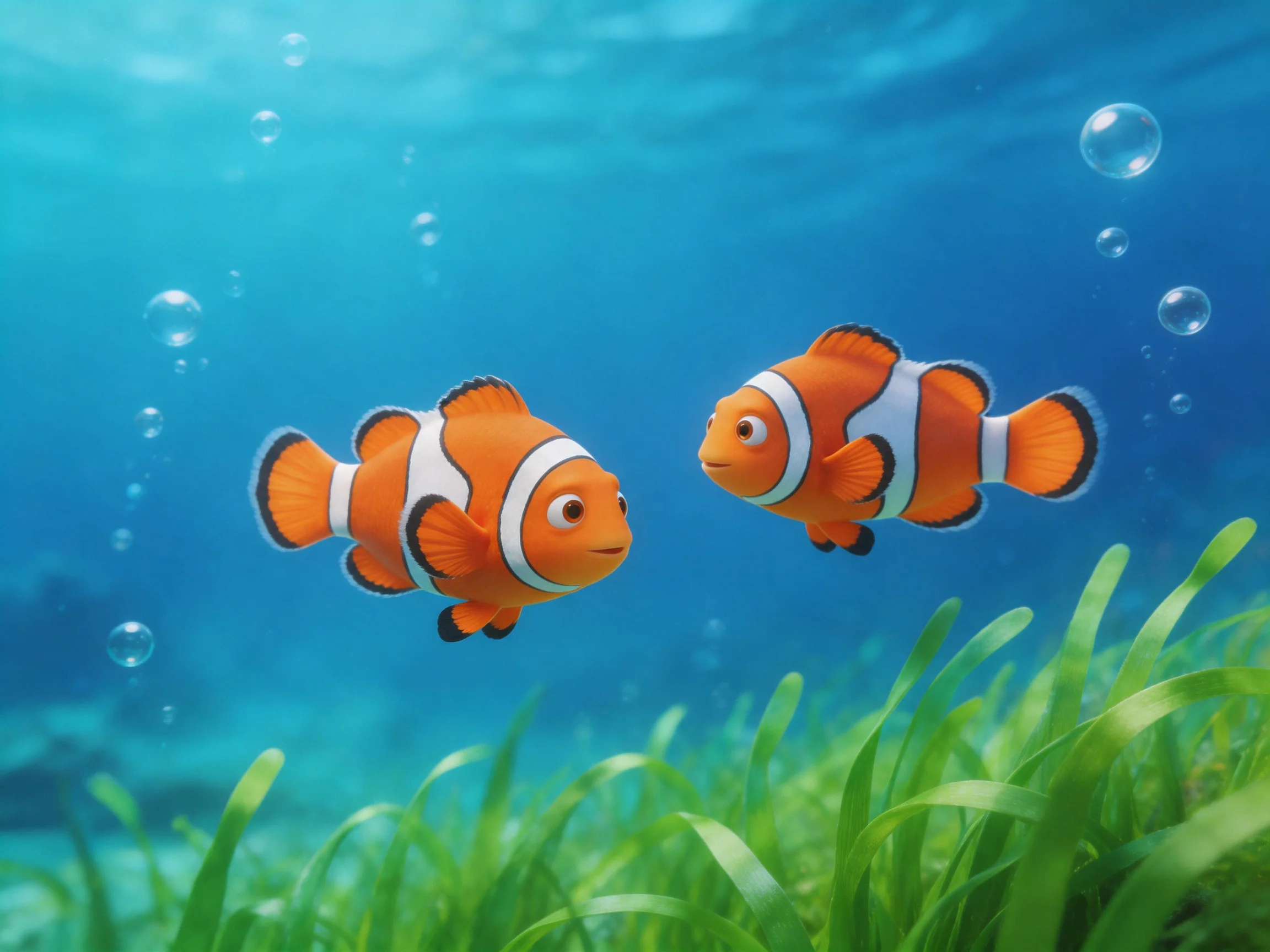 Two orange clownfish swim near vibrant green seaweed in clear blue water