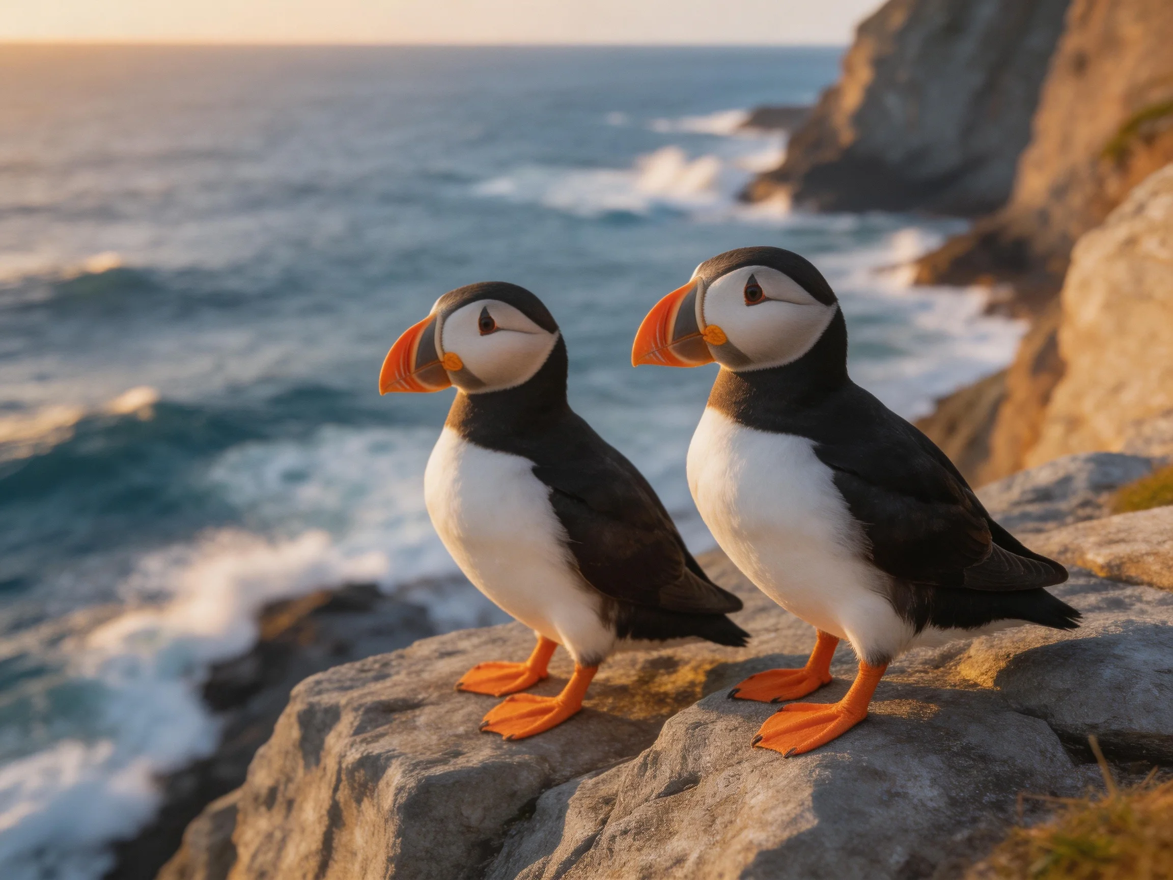 Two puffins stand on a rocky cliff overlooking the ocean waves