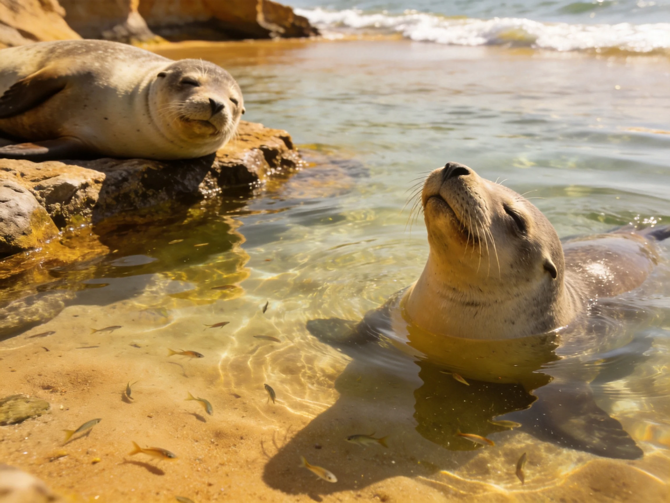 Two sea lions rest by rocky shore in clear shallow water