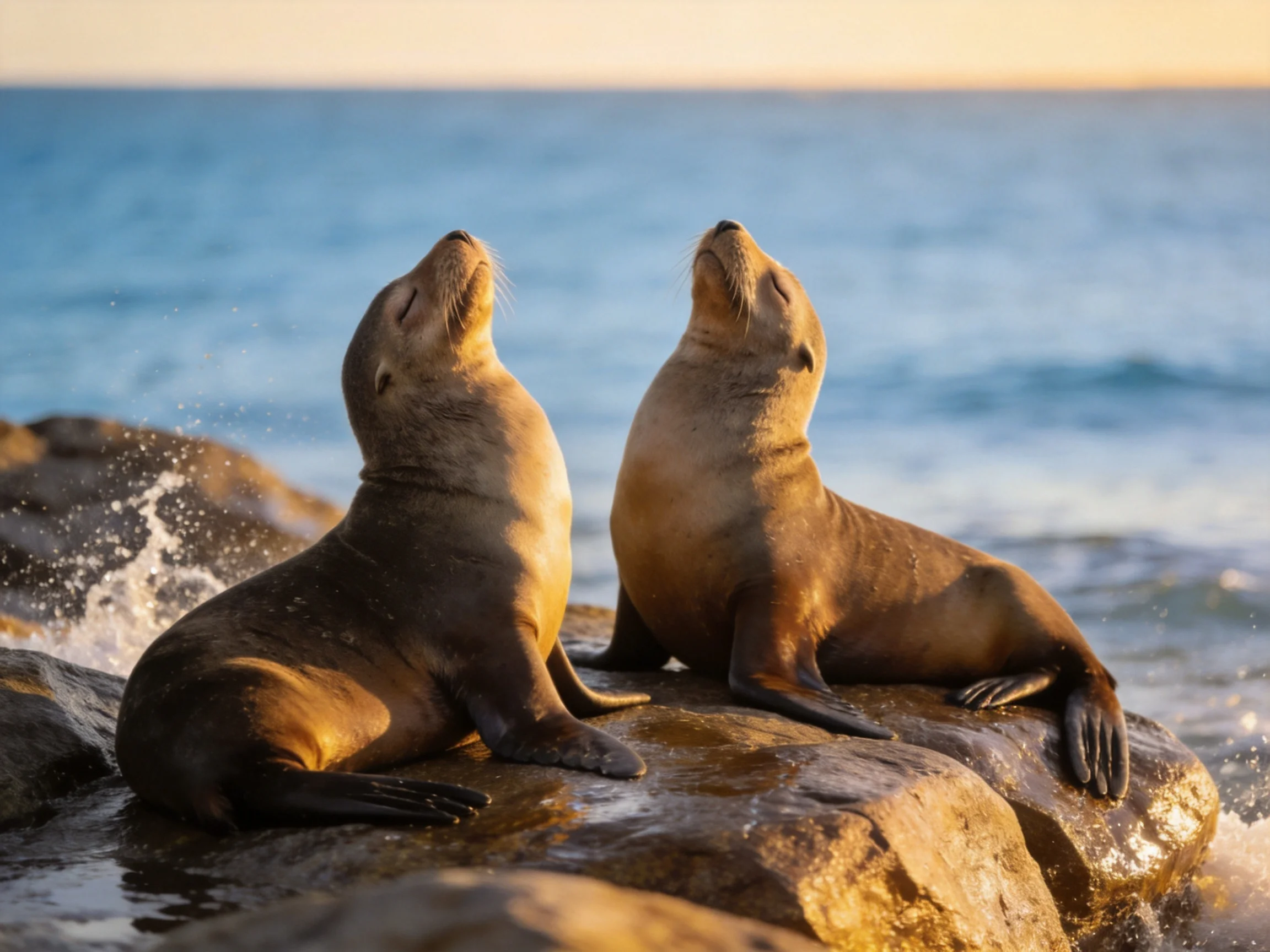 Two sea lions rest on wet rocks by the calm blue ocean