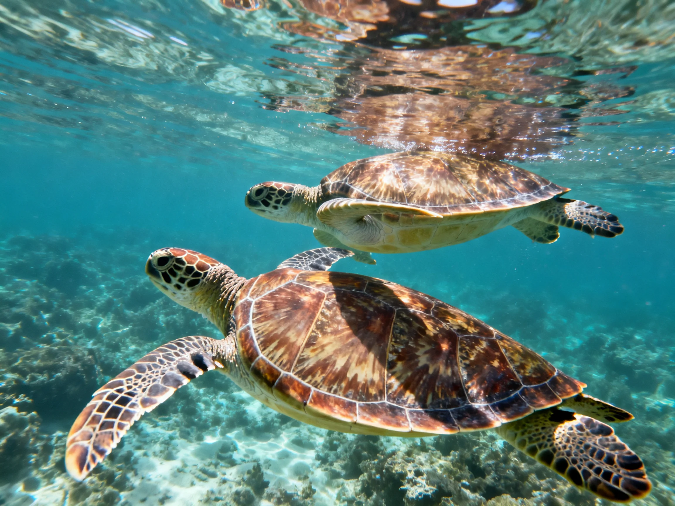 Two sea turtles swim in clear turquoise waters over coral reef