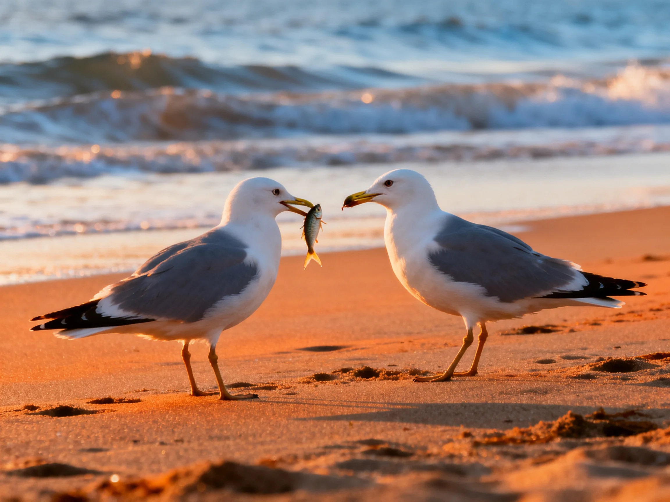 Two seagulls exchange a fish on a sandy beach at sunset