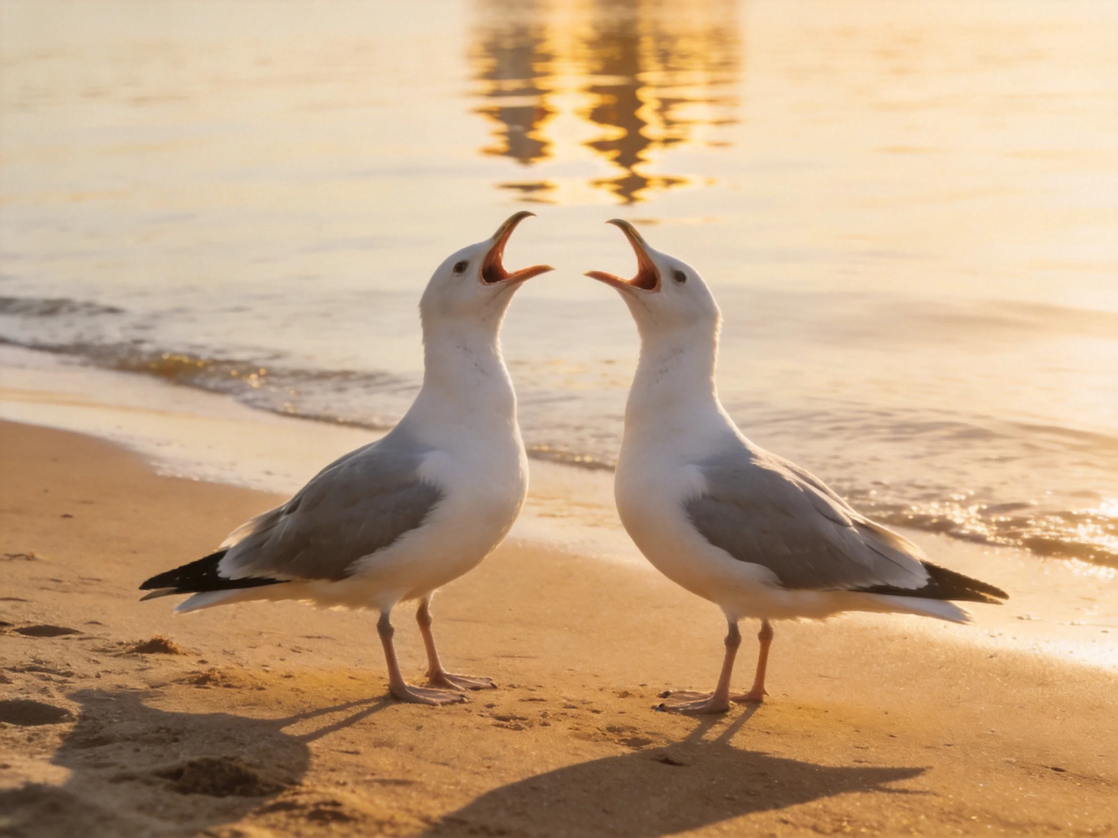 Two seagulls interact on a sandy beach during golden hour