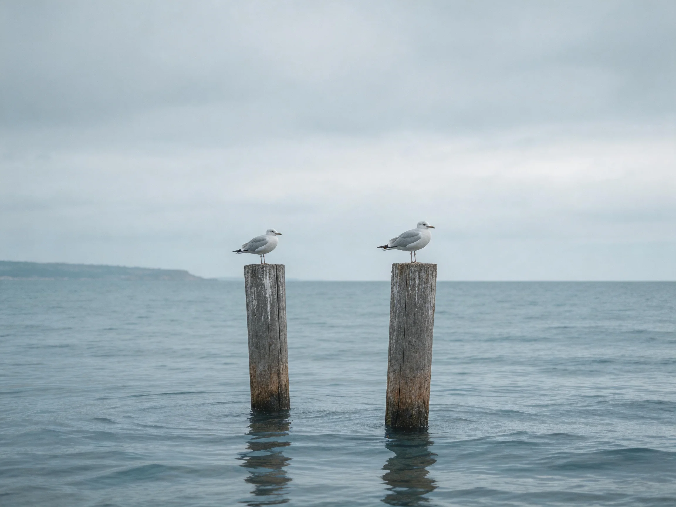 Two seagulls rest on aged wooden posts amid calm blue waters under a gray sky.