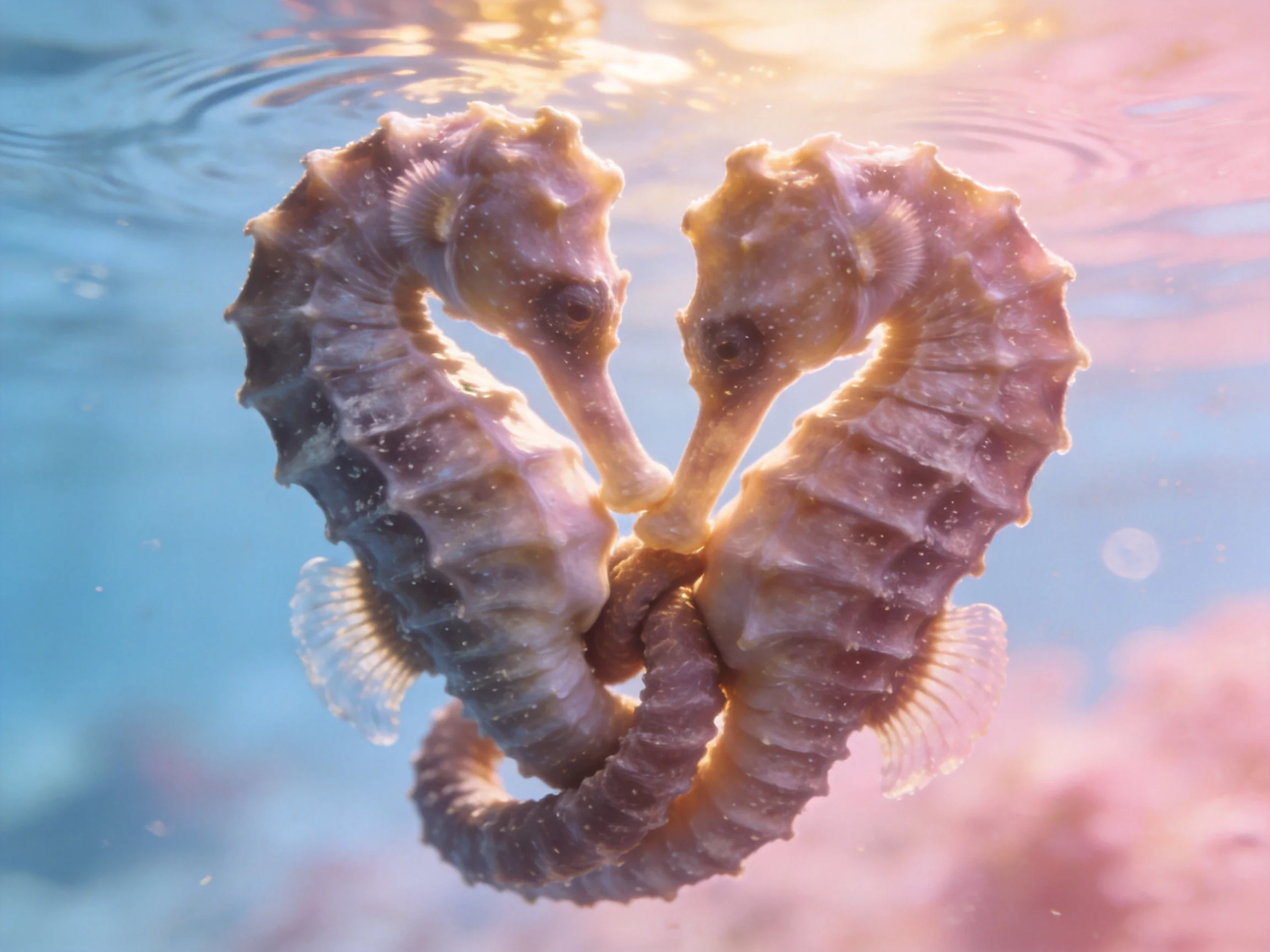 Two seahorses form a heart shape in sunlit blue water