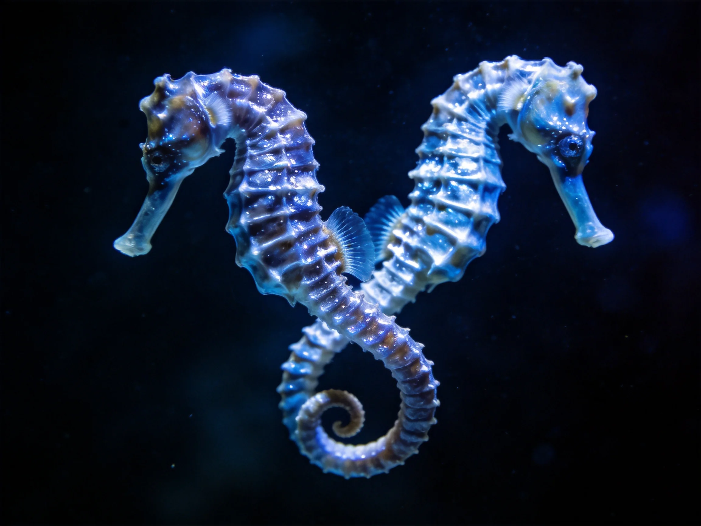 Two seahorses intertwined in a deep blue aquatic environment