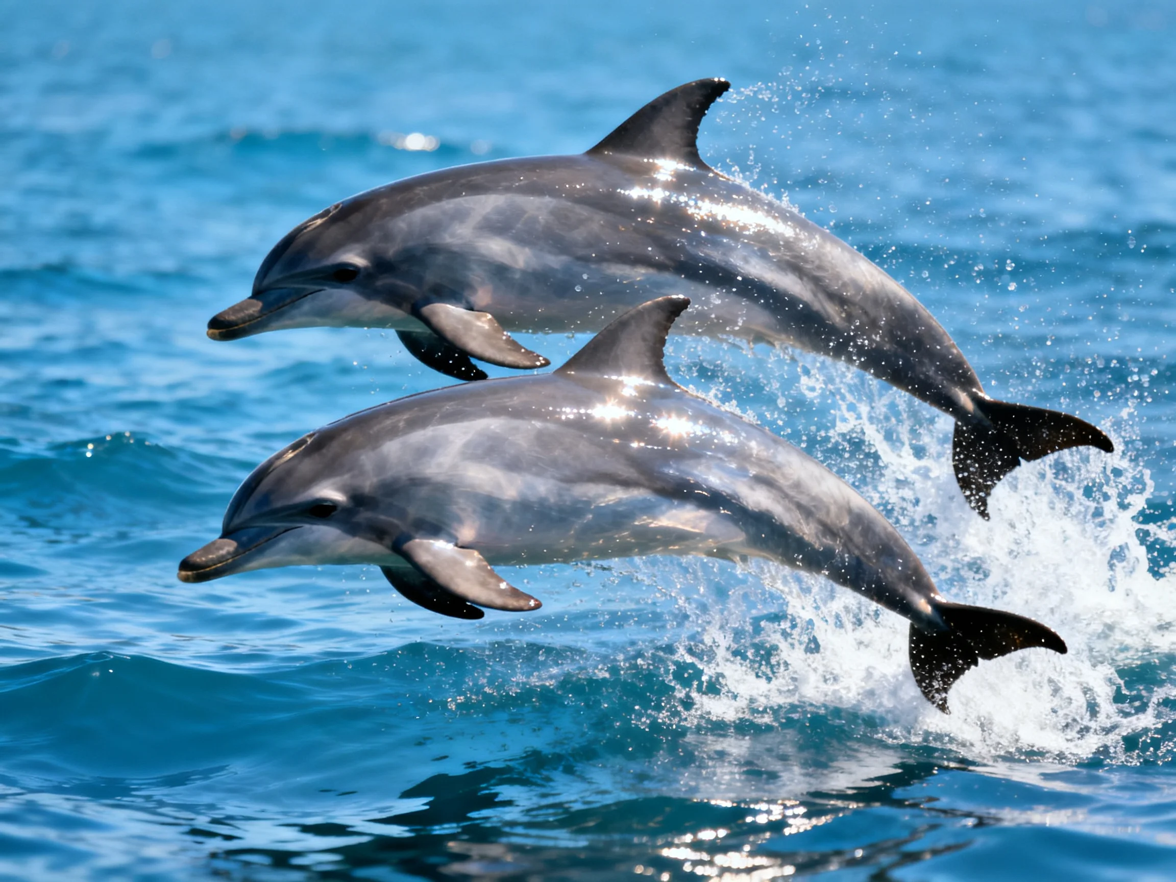 Two sleek gray dolphins leap from vibrant blue waters