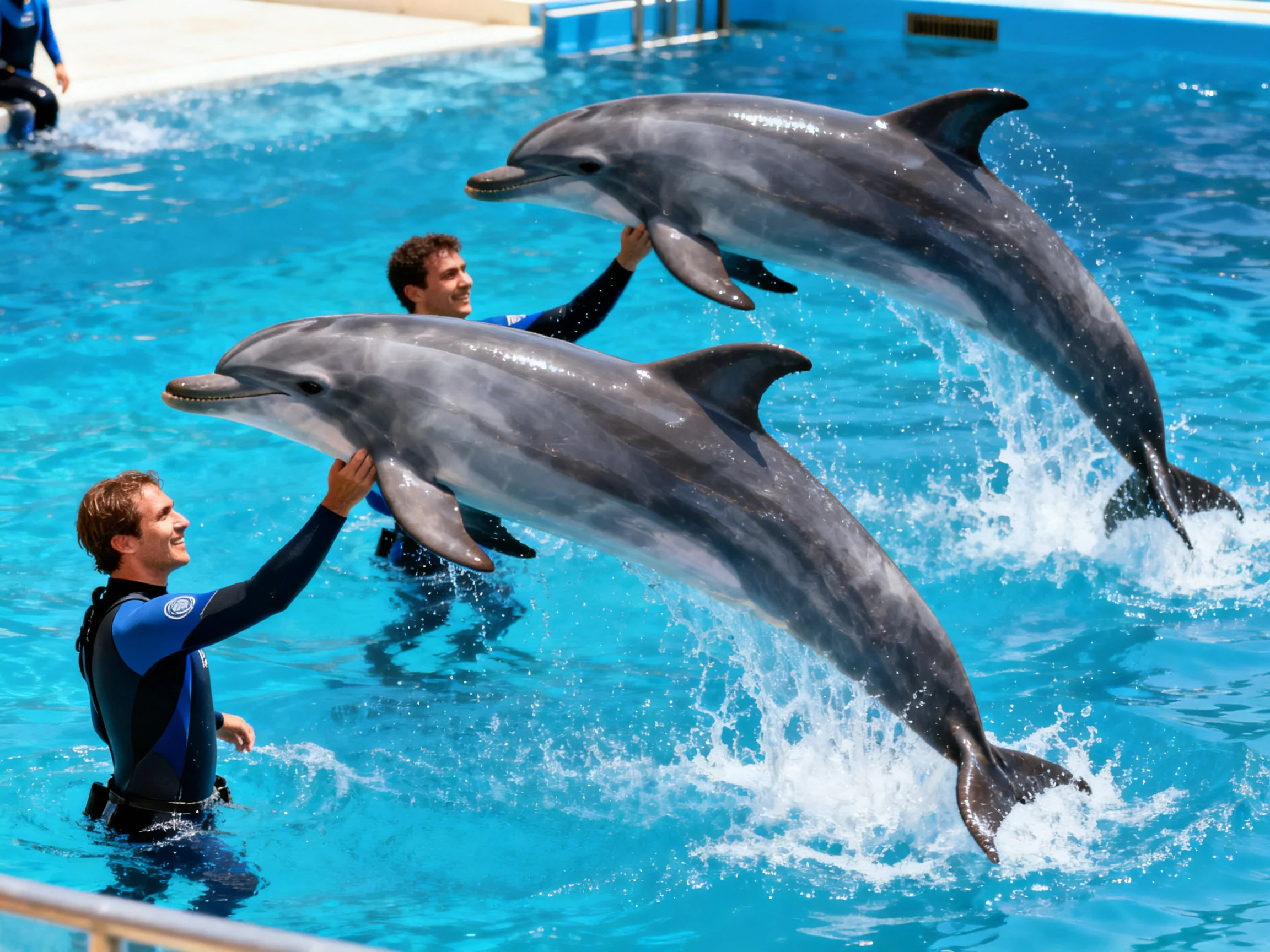 Two trainers assist two dolphins in a bright blue pool