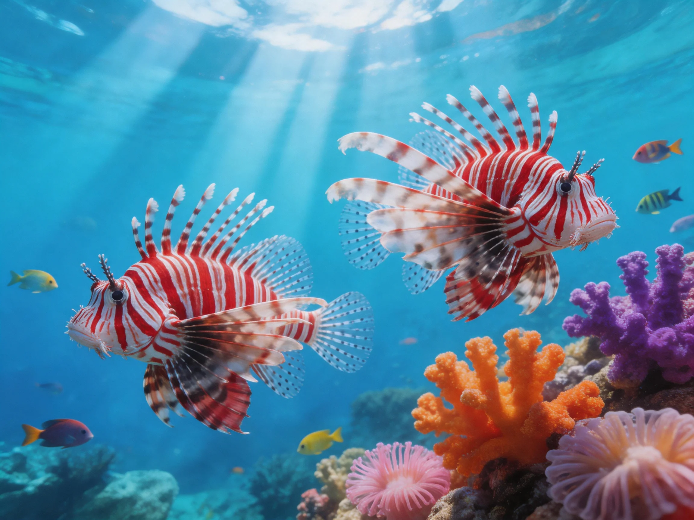 Two vibrant lionfish swim among colorful corals in clear blue water