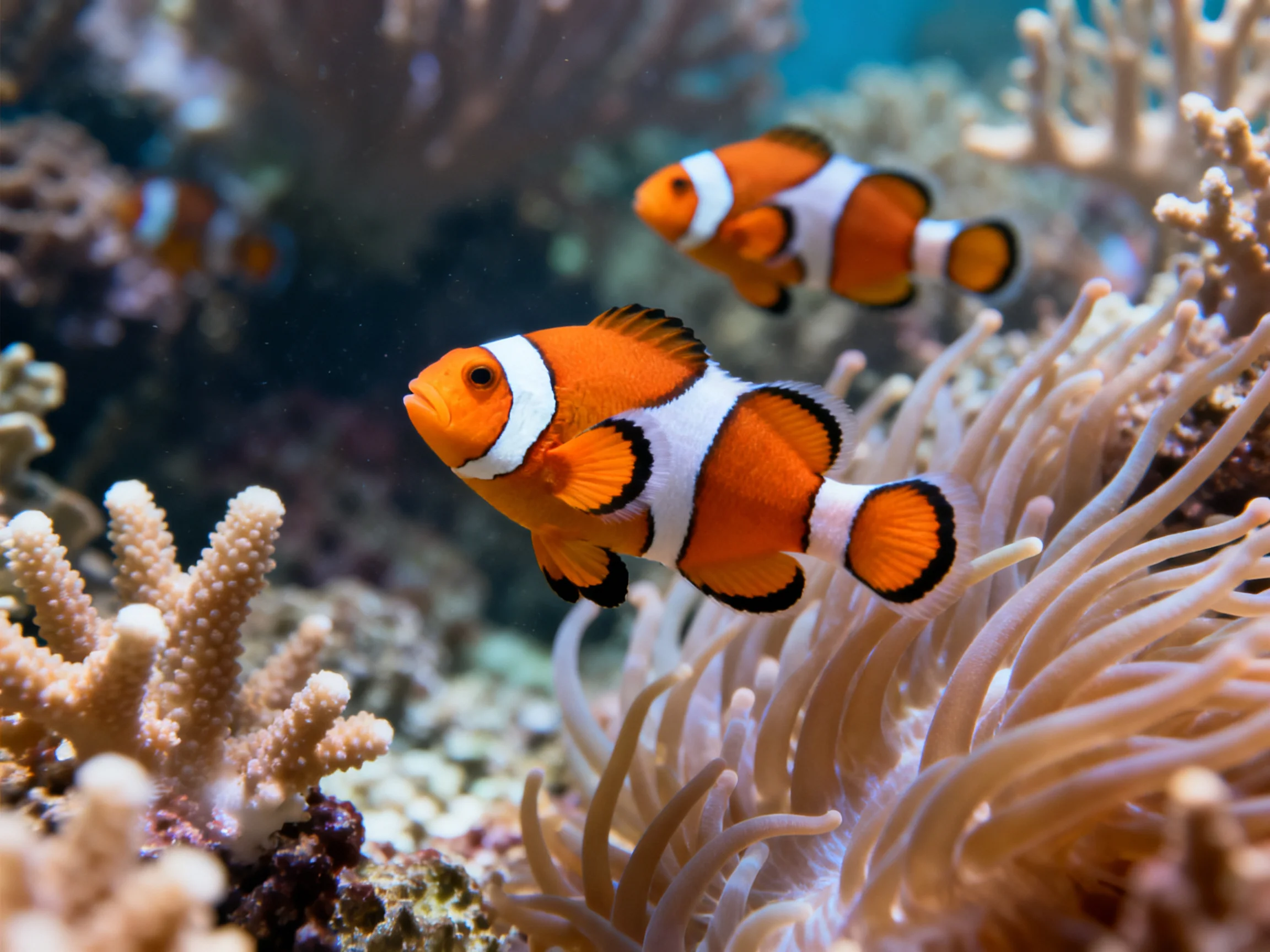 Two vibrant orange clownfish swim among colorful corals and sea anemones