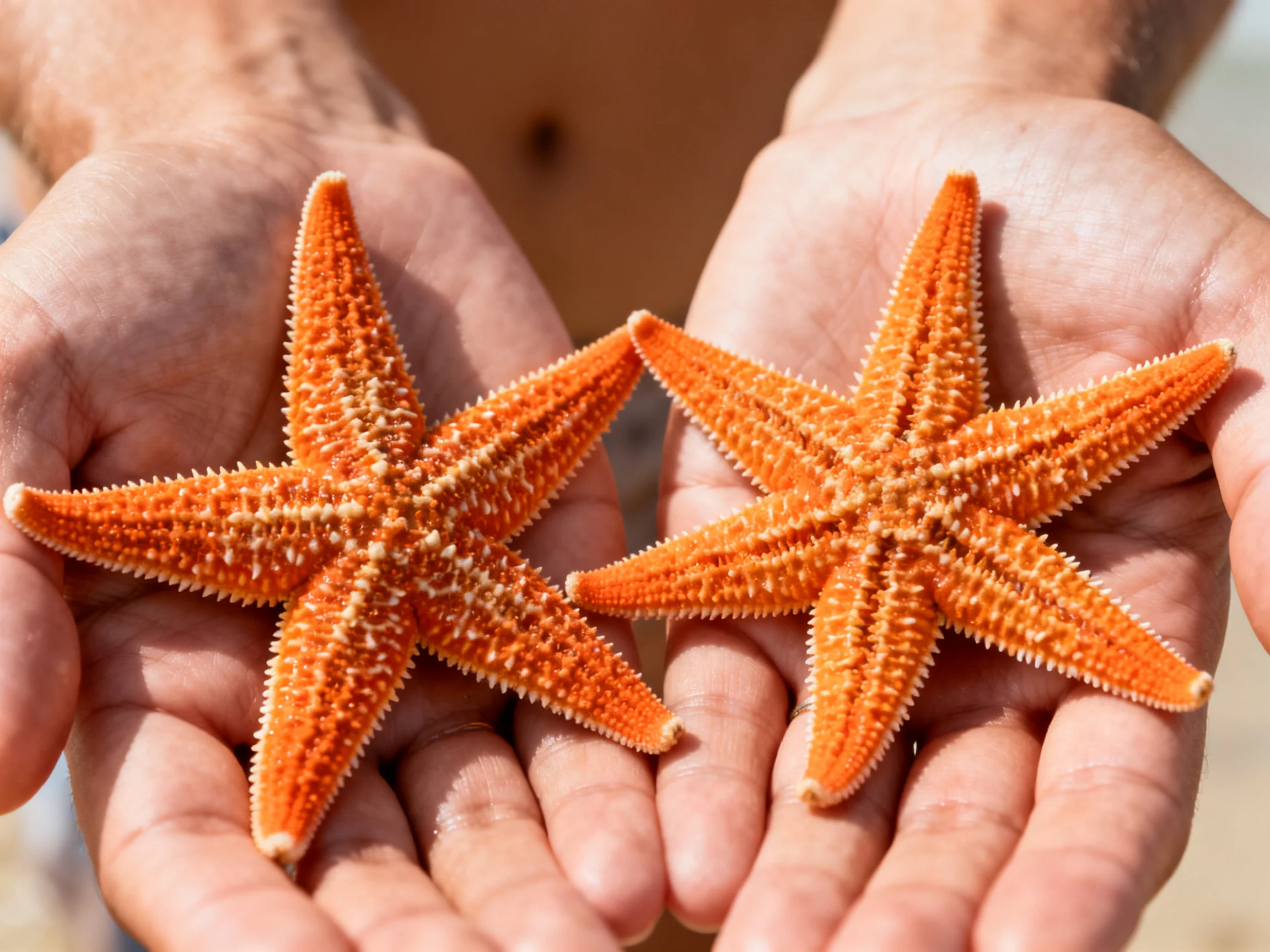 Two vibrant orange starfish cradled in cupped human palms