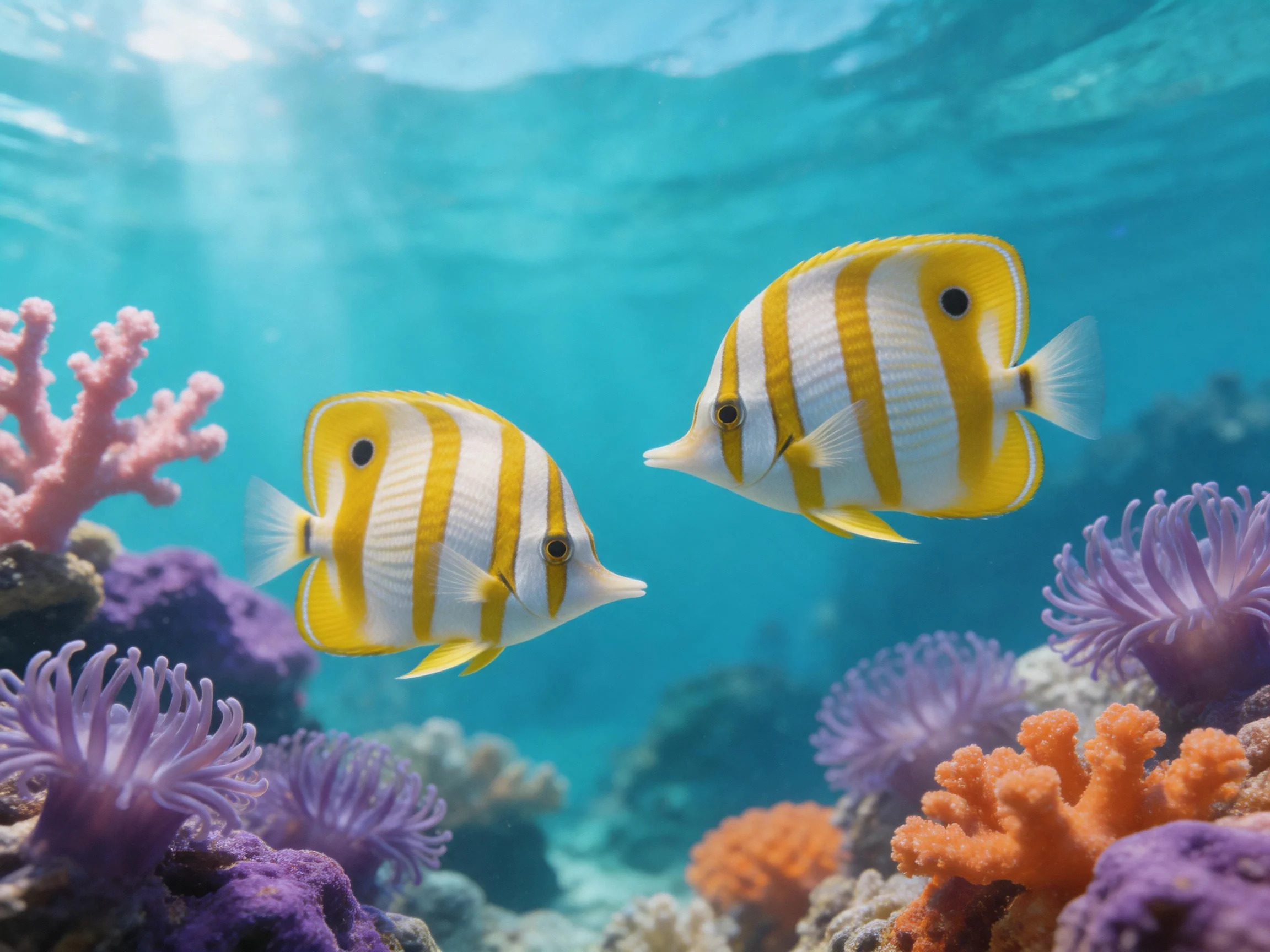 Two yellow-and-white striped fish swim among colorful corals in clear water