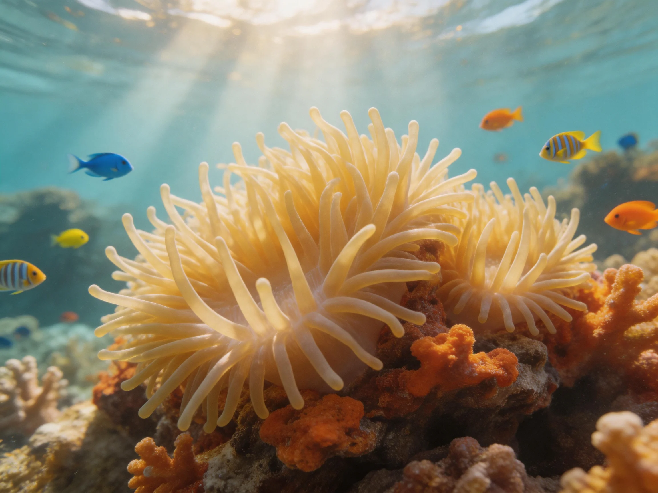 Underwater scene with large pale anemones, colorful fish, and coral formations