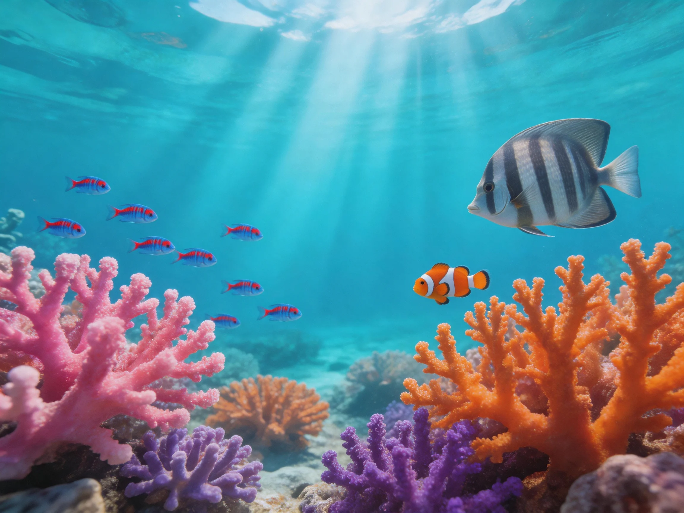 Vibrant coral reef with clownfish, striped fish, and blue-red fish schools
