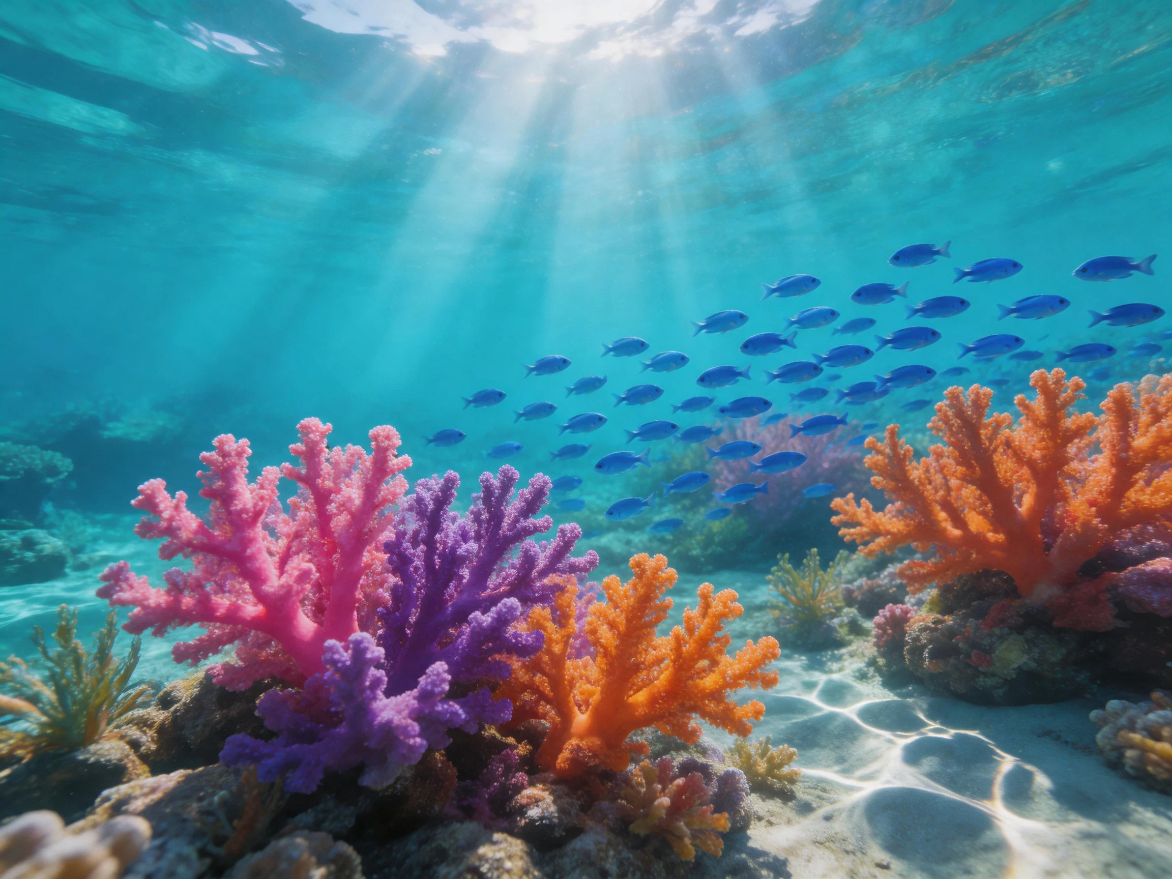 Vibrant coral reef with colorful corals and blue fish