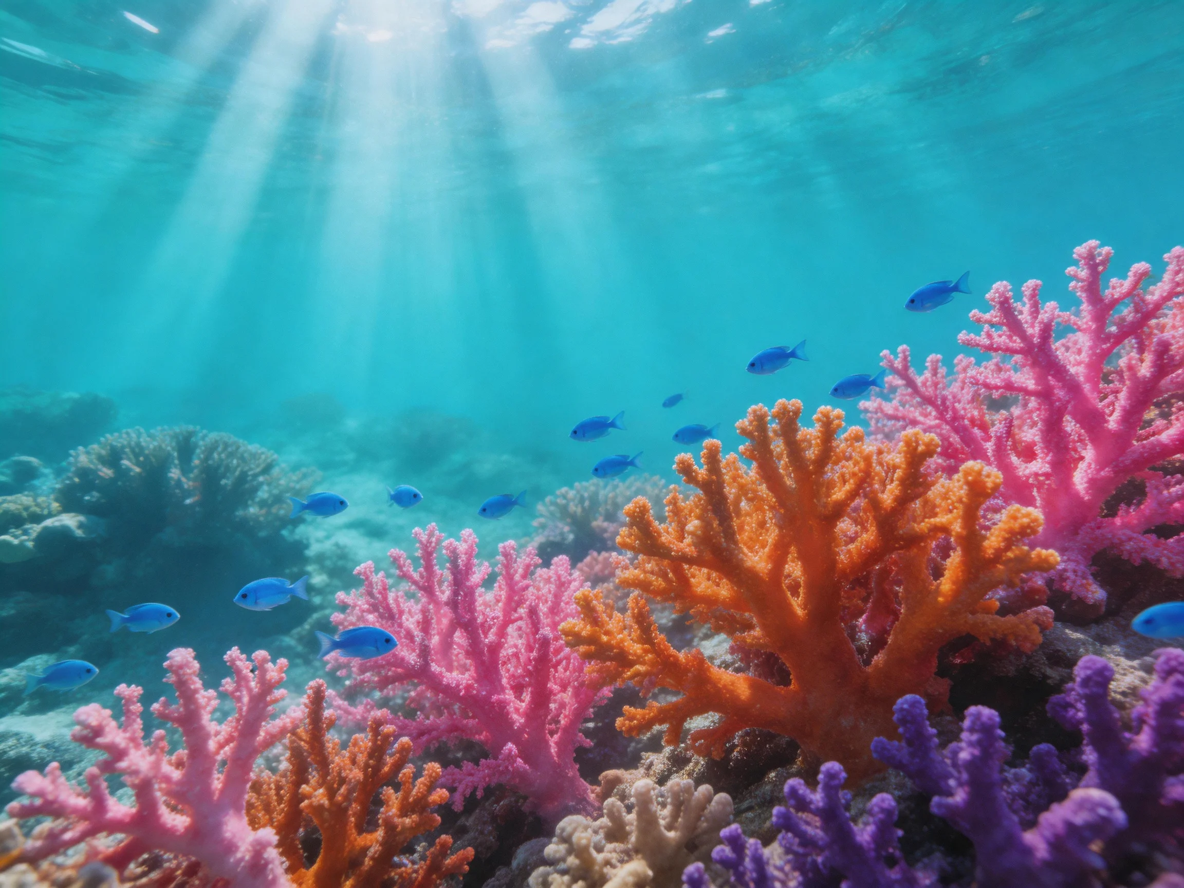 Vibrant coral reef with colorful corals and blue fish