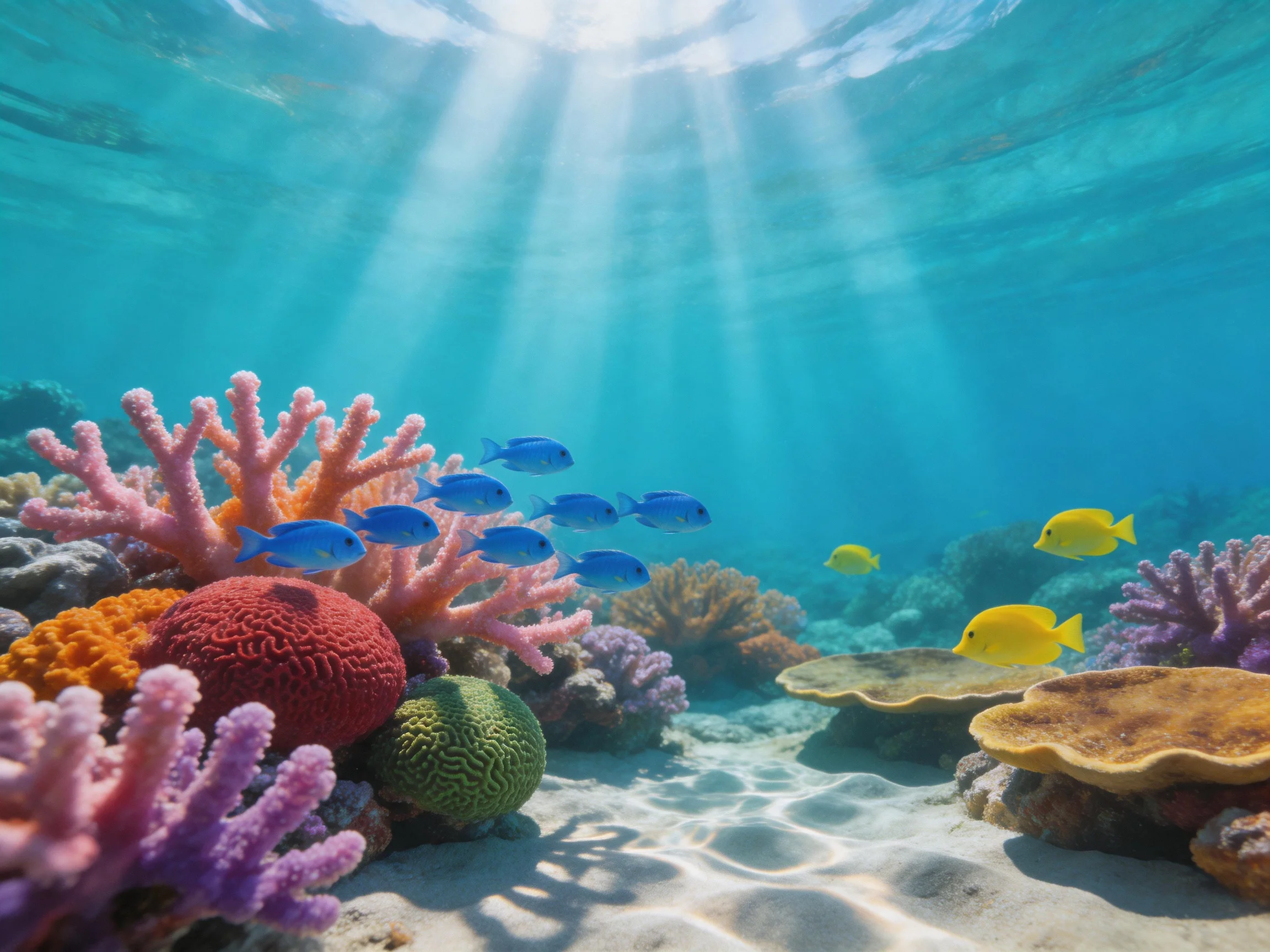 Colorful corals and fish thrive in a sunlit underwater reef.