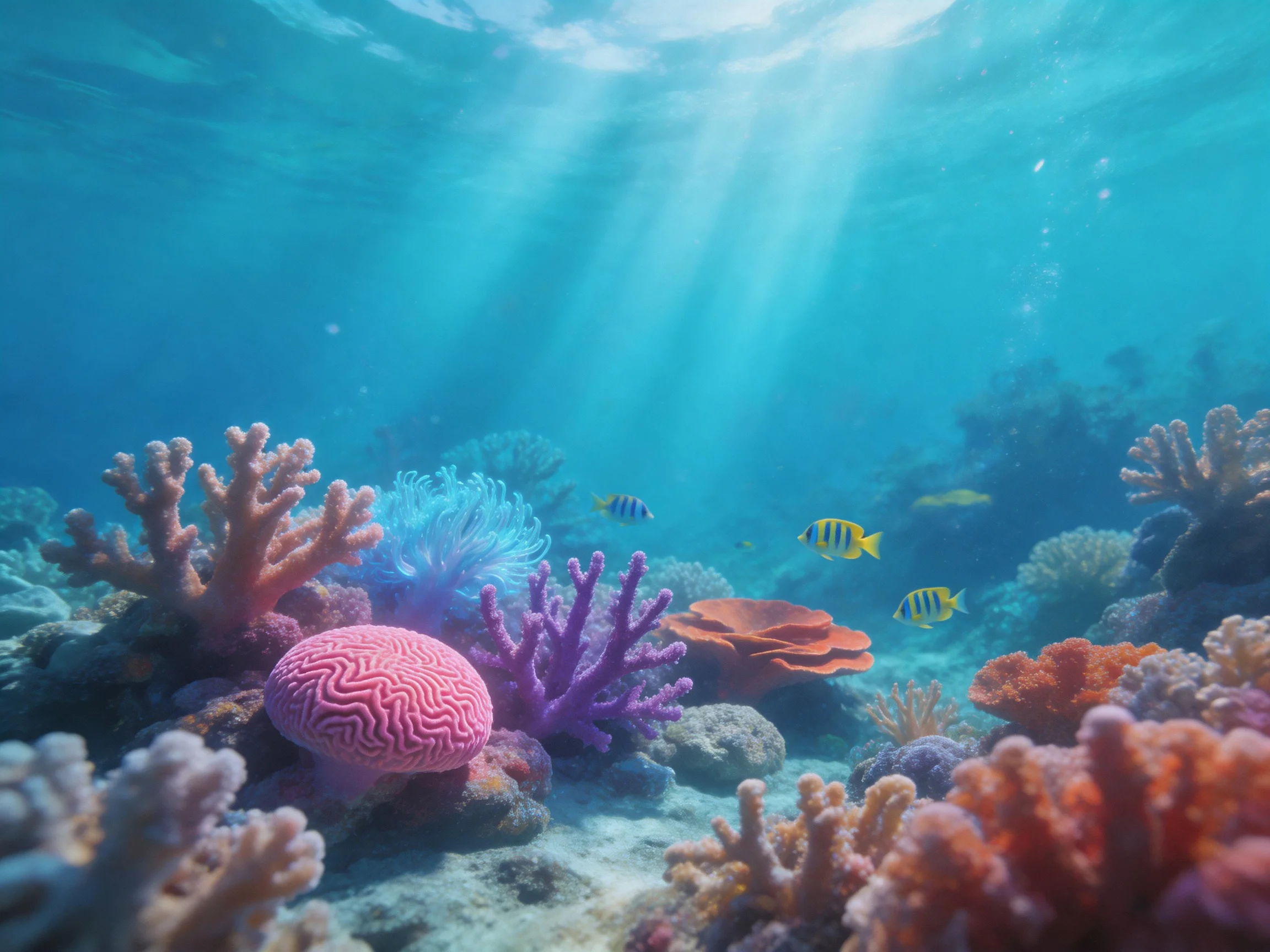 Vibrant coral reef with colorful corals and striped fish