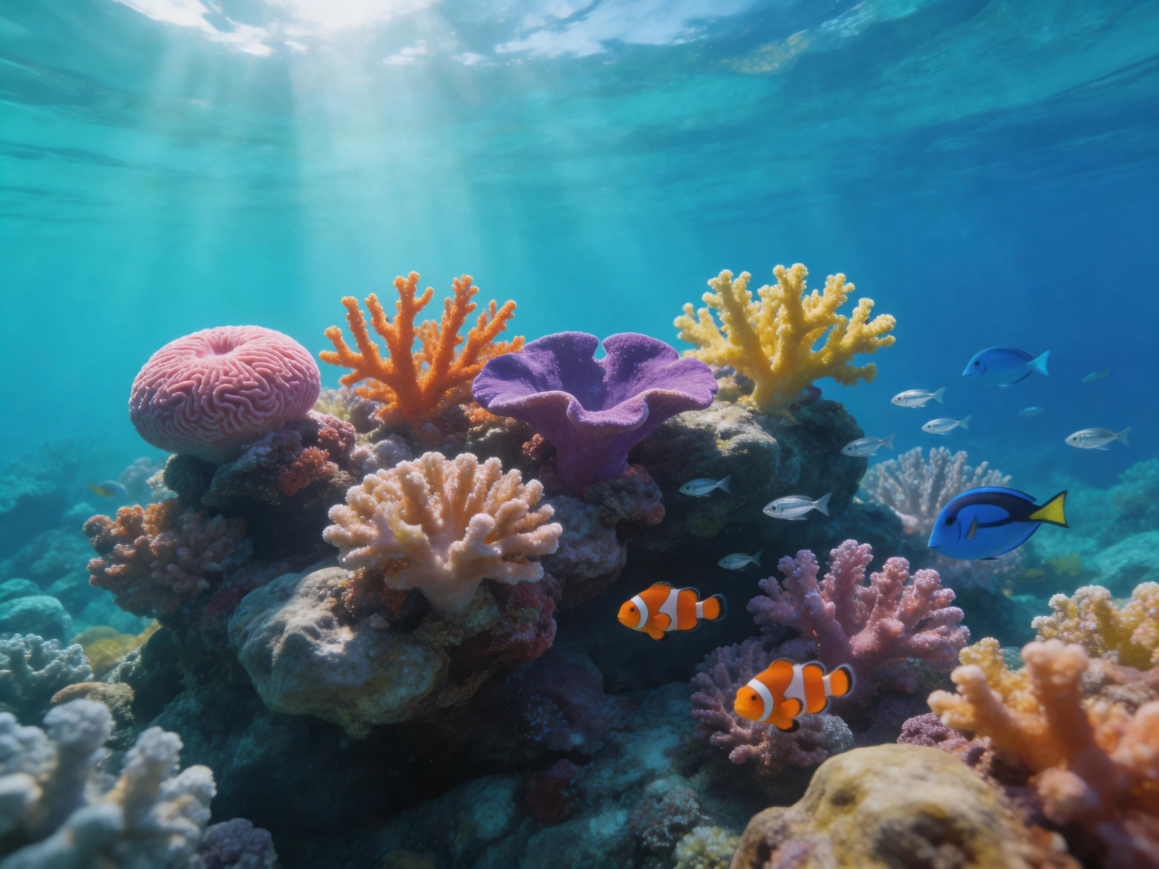 Vibrant coral reef with colorful corals and tropical fish